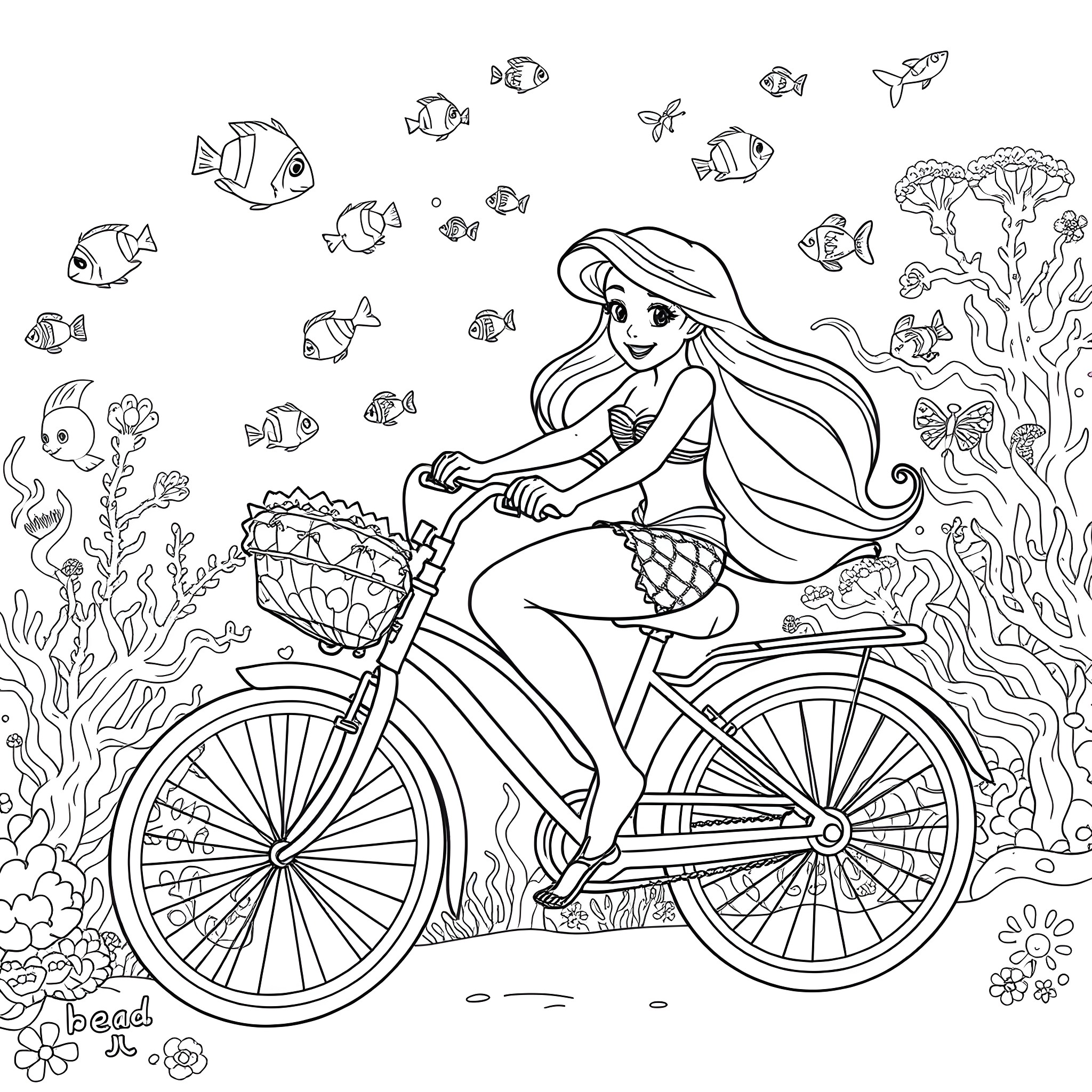 Ariel riding a bicycle in the underwater scene Coloring Page (free black-and-white line drawing printable PDF for all, from beginners to advanced learners, including children, teens, adults, and seniors)