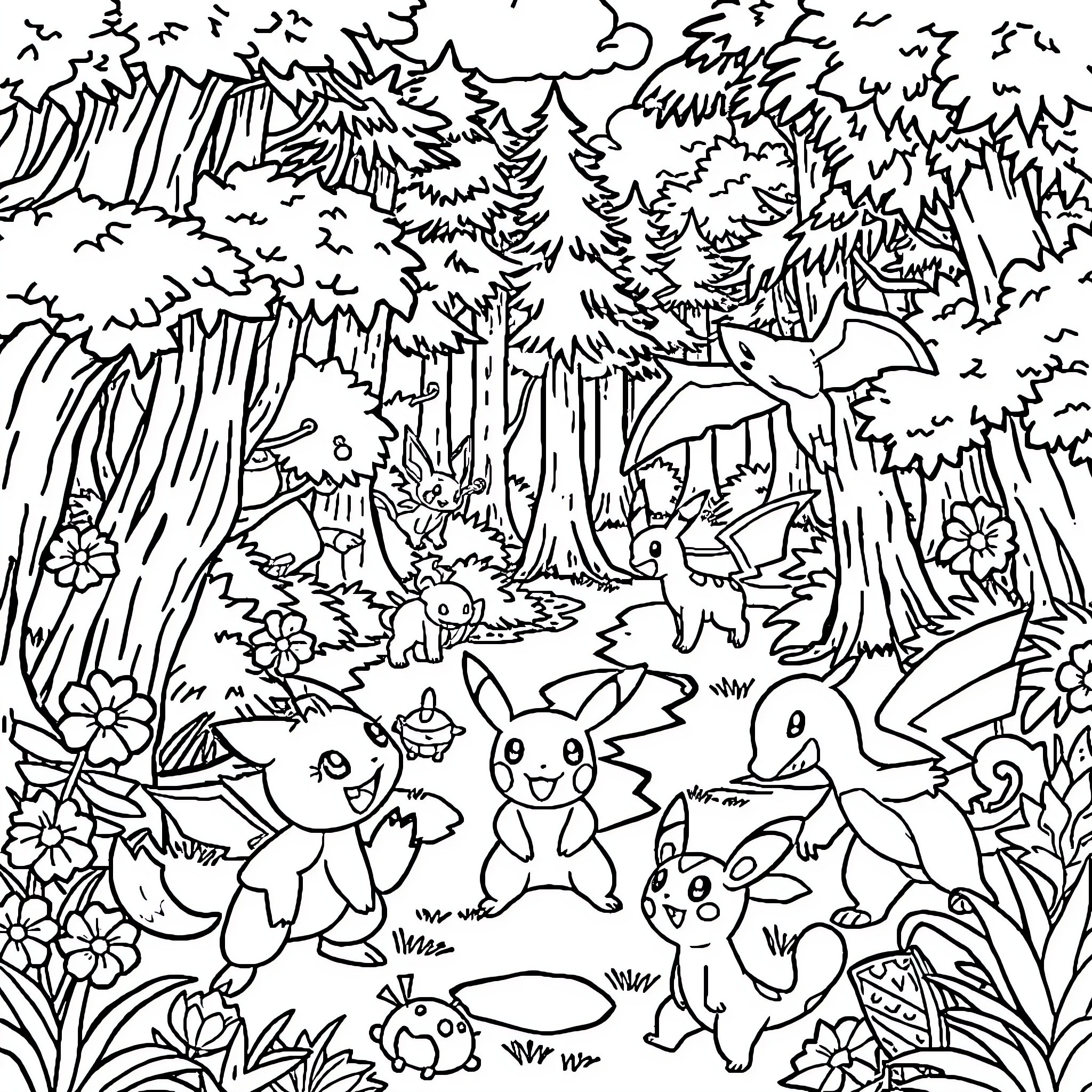 Pokémon adventure in the magical forest Coloring Page (free black-and-white line drawing printable PDF for all, from beginners to advanced learners, including children, teens, adults, and seniors)