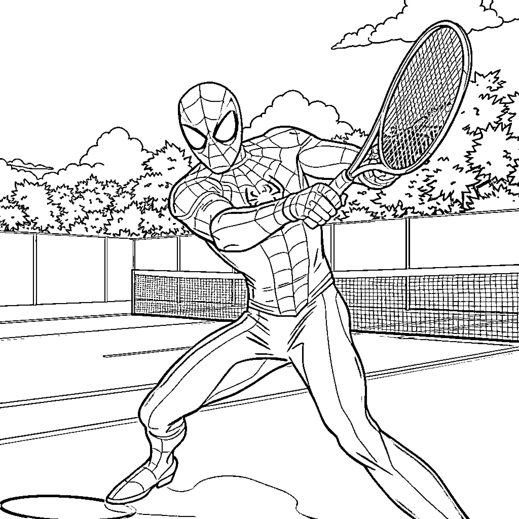 Spiderman playing tennis on the court Coloring Page (free black-and-white line drawing printable PDF for all, from beginners to advanced learners, including children, teens, adults, and seniors)