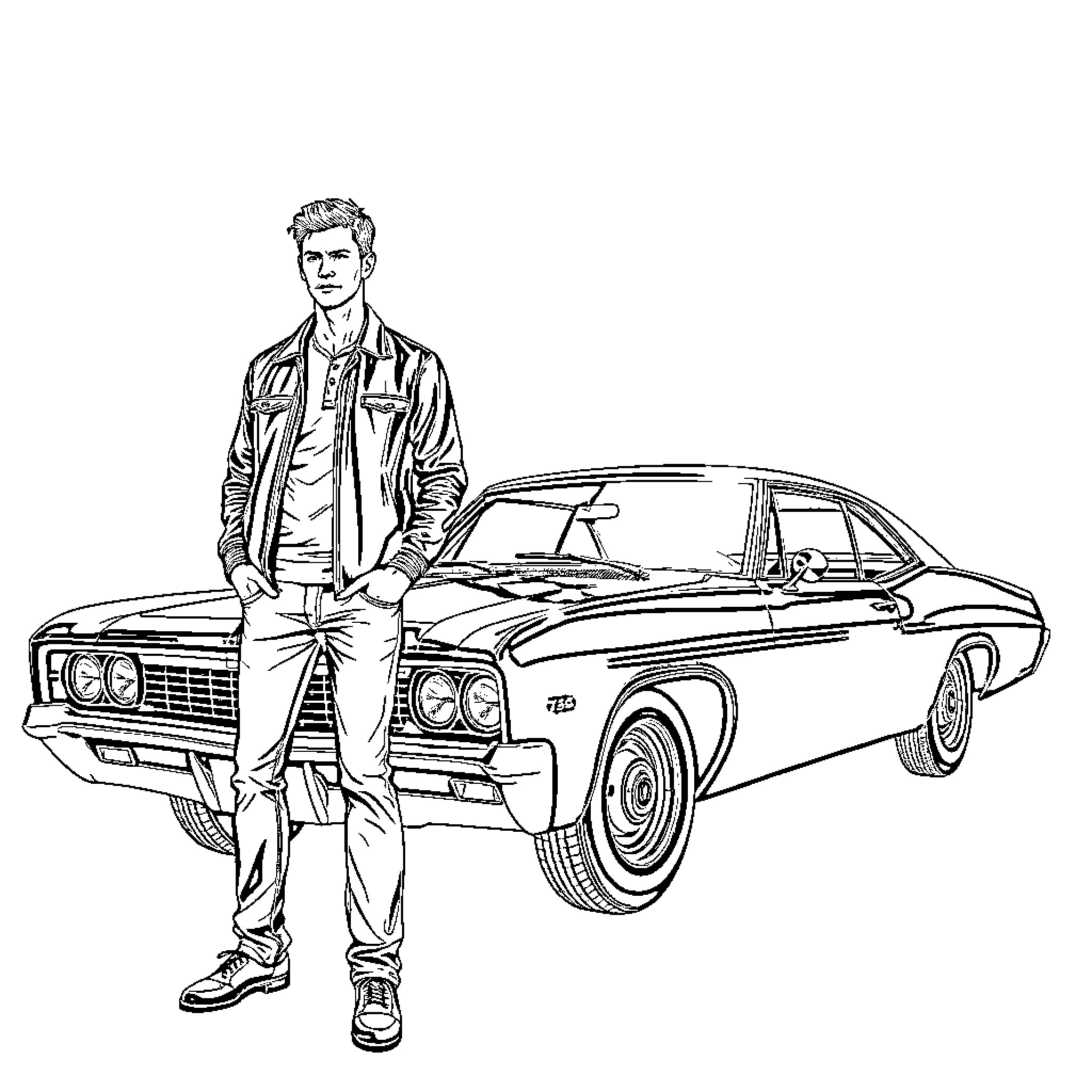 Dean poses with his classic car Coloring Page (free black-and-white line drawing printable PDF for all, from beginners to advanced learners, including children, teens, adults, and seniors)