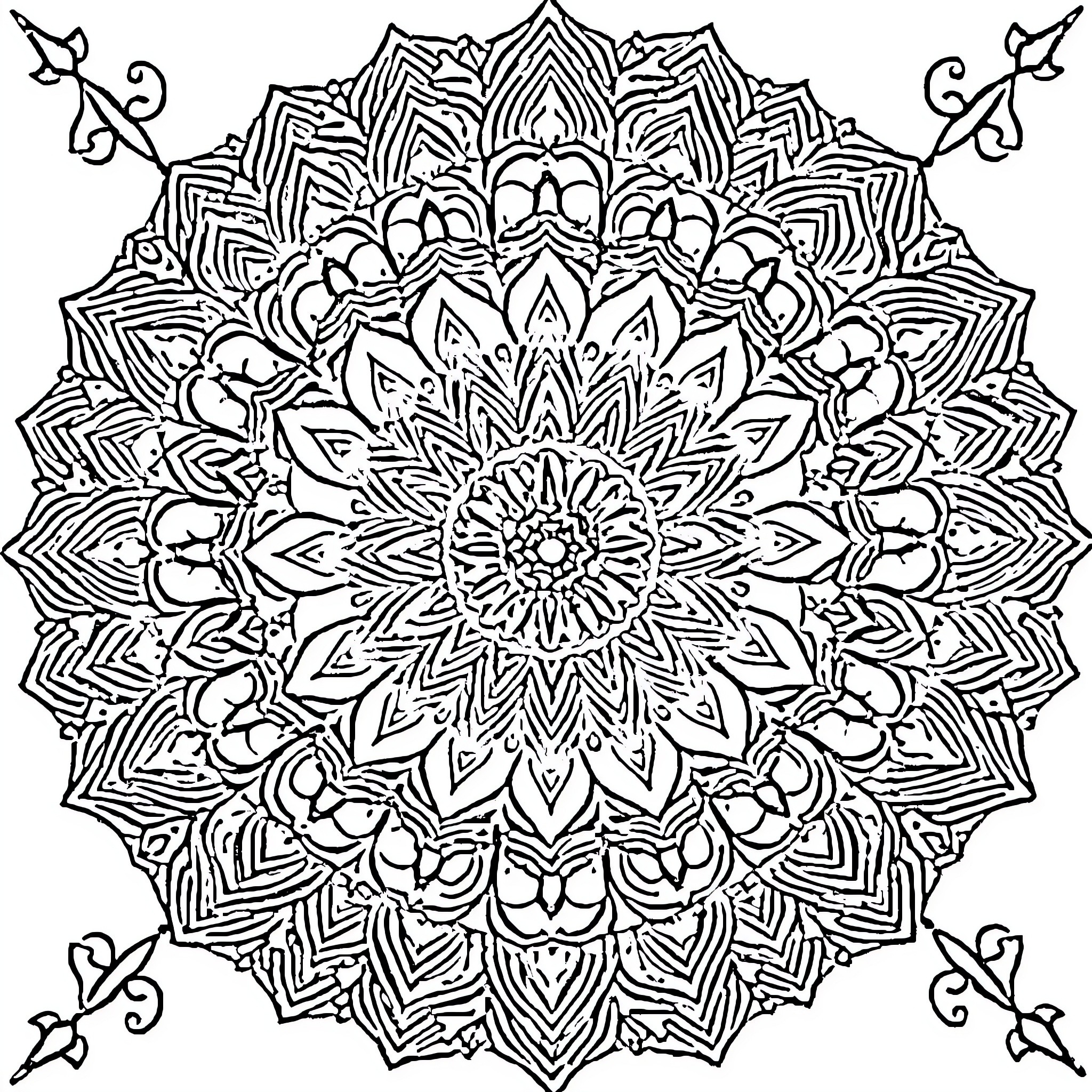 Mandala of intricate floral design Coloring Page (free black-and-white line drawing printable PDF for all, from beginners to advanced learners, including children, teens, adults, and seniors)