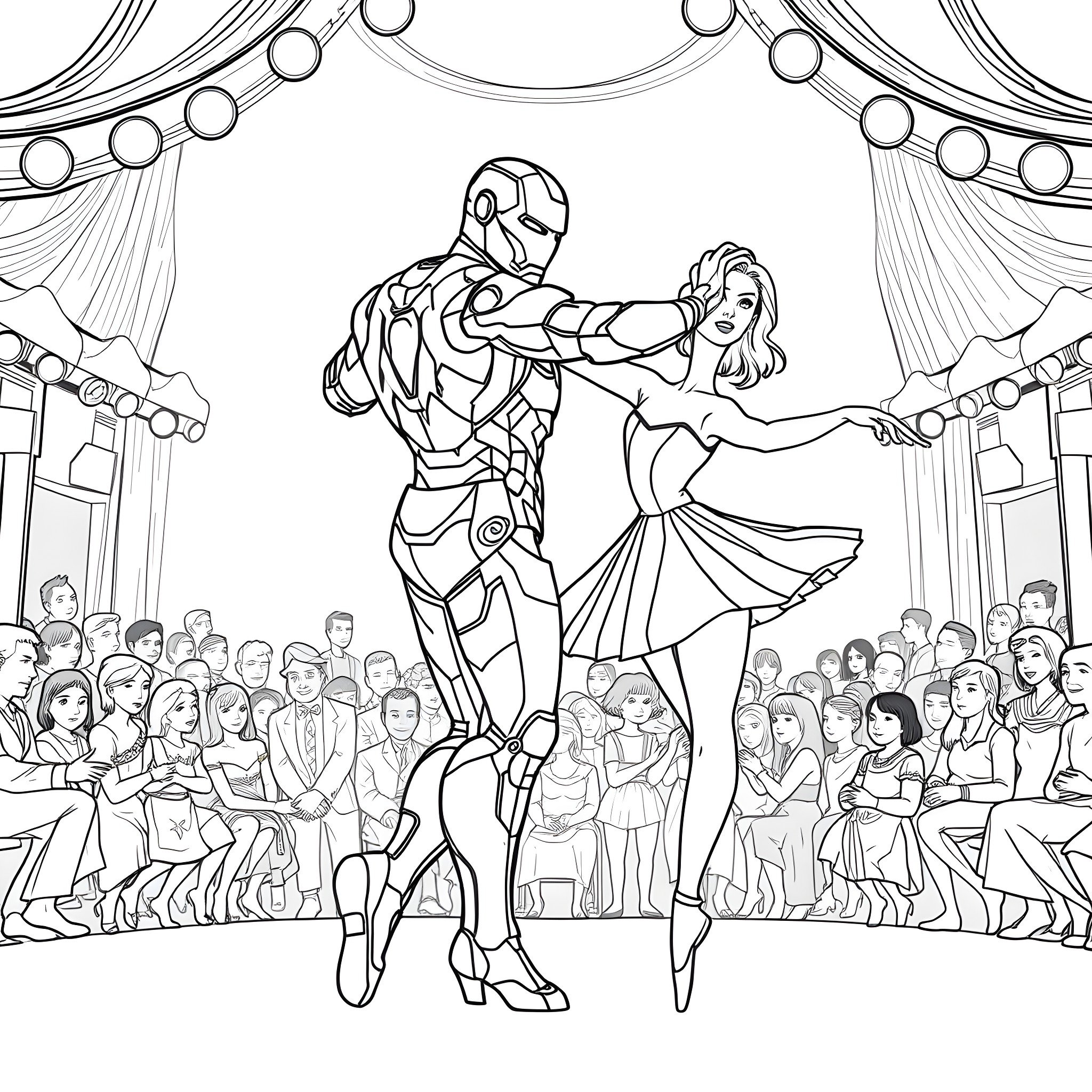 Ironman and woman in elegant dance performance Coloring Page (free black-and-white line drawing printable PDF for all, from beginners to advanced learners, including children, teens, adults, and seniors)