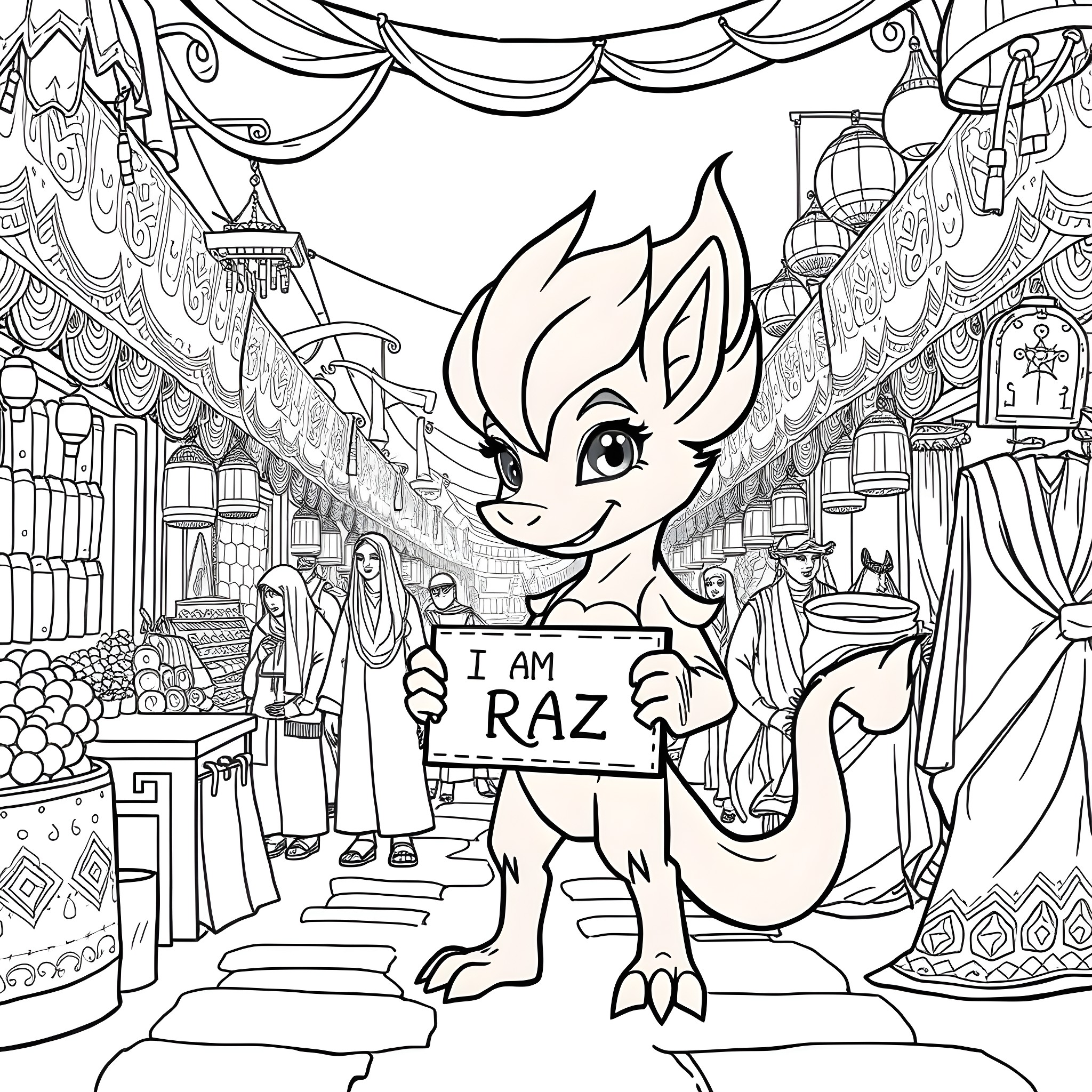 Fire Elemental Creature Holding Signage in Bustling Marketplace Coloring Page (free black-and-white line drawing printable PDF for all, from beginners to advanced learners, including children, teens, adults, and seniors)