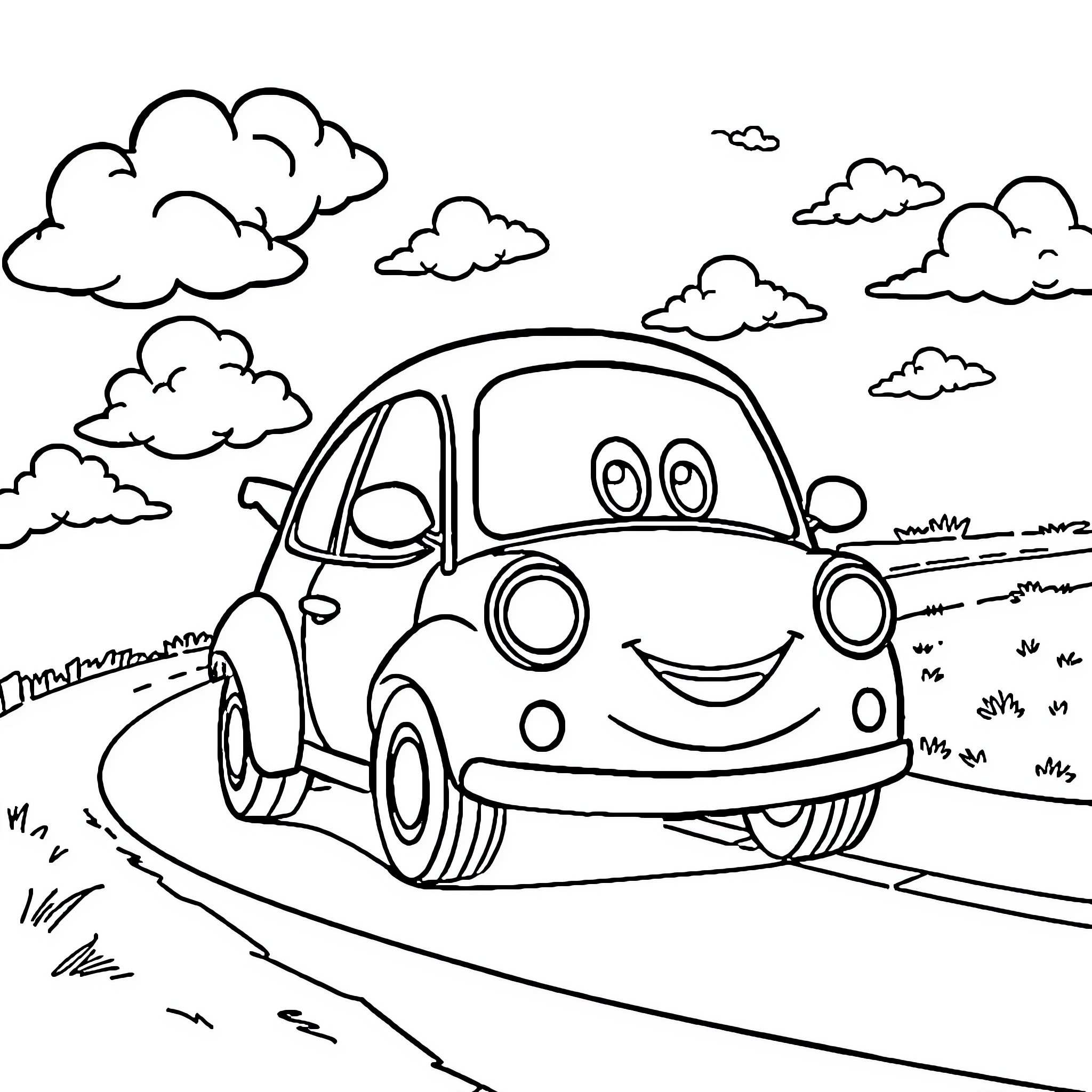 Car driving happily on the road Coloring Page (free black-and-white line drawing printable PDF for all, from beginners to advanced learners, including children, teens, adults, and seniors)