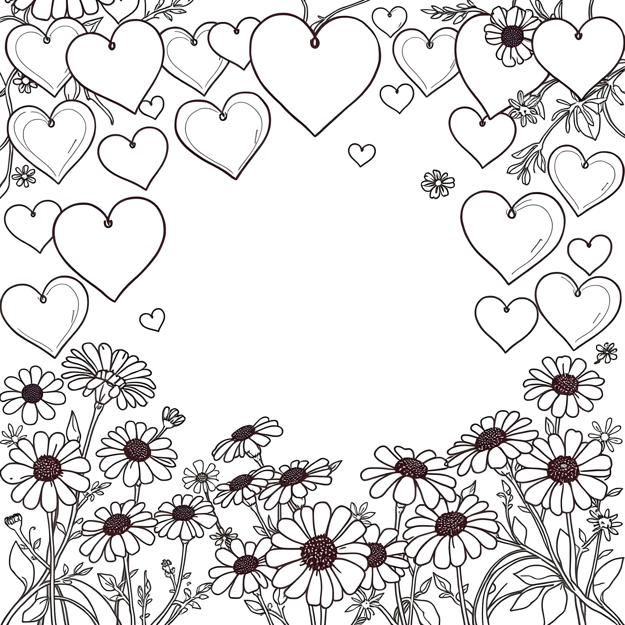 Heart-shaped frames with floral border Coloring Page (free black-and-white line drawing printable PDF for all, from beginners to advanced learners, including children, teens, adults, and seniors)