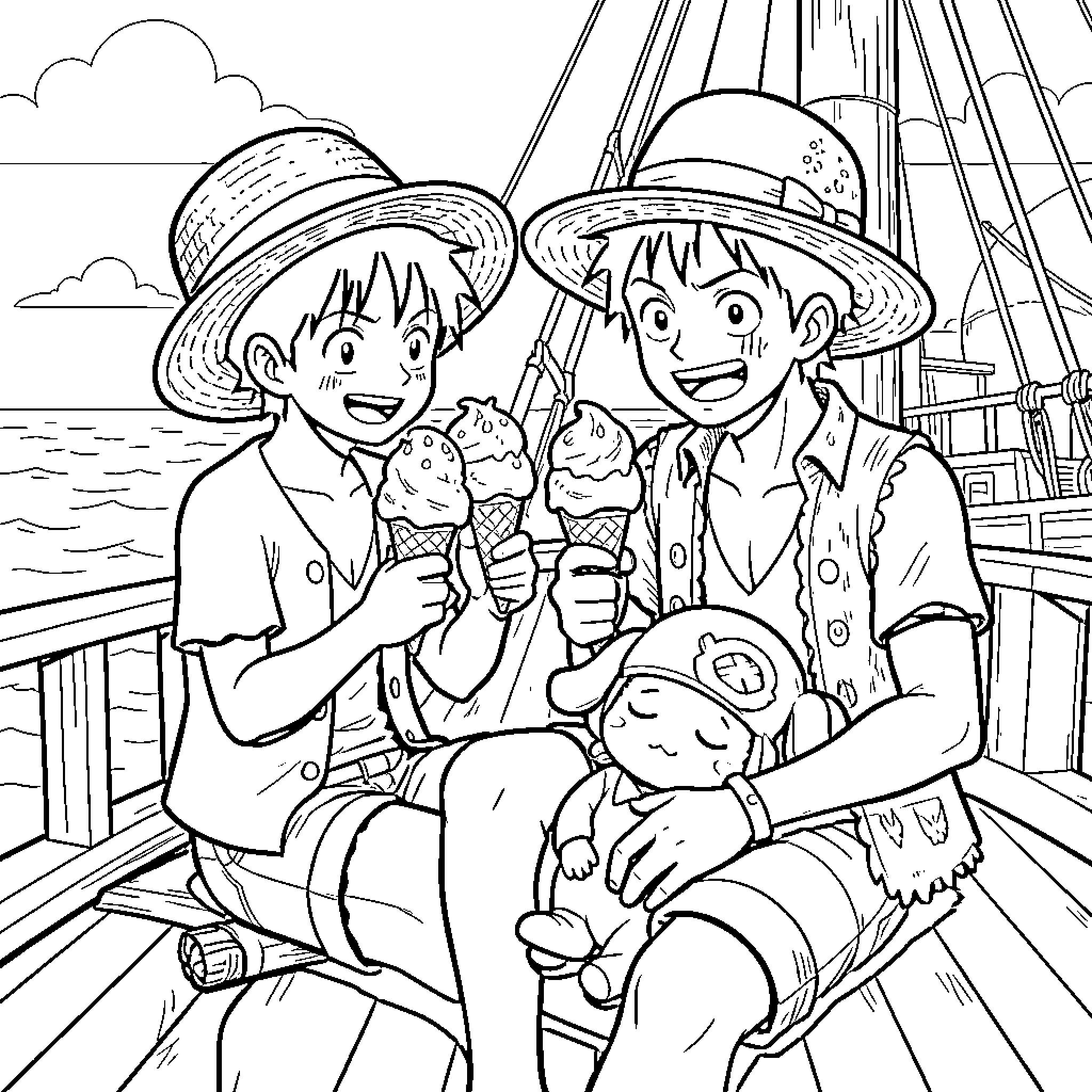 Luffy's Adventurous Voyage with Friends Coloring Page (free black-and-white line drawing printable PDF for all, from beginners to advanced learners, including children, teens, adults, and seniors)
