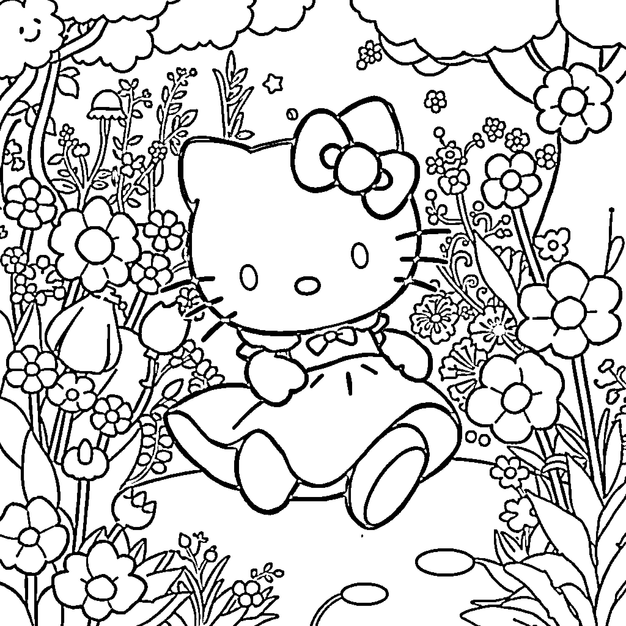 Hello Kitty playing among flowers and nature Coloring Page (free black-and-white line drawing printable PDF for all, from beginners to advanced learners, including children, teens, adults, and seniors)