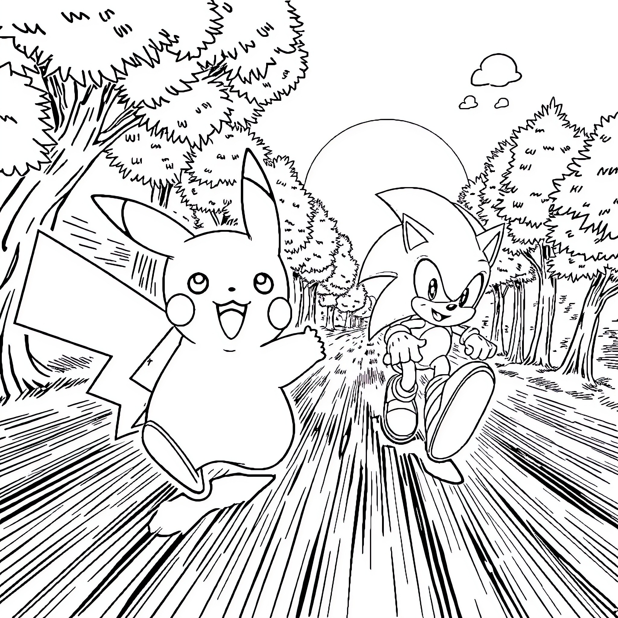 Pikachu and Sonic racing through the forest Coloring Page (free black-and-white line drawing printable PDF for all, from beginners to advanced learners, including children, teens, adults, and seniors)