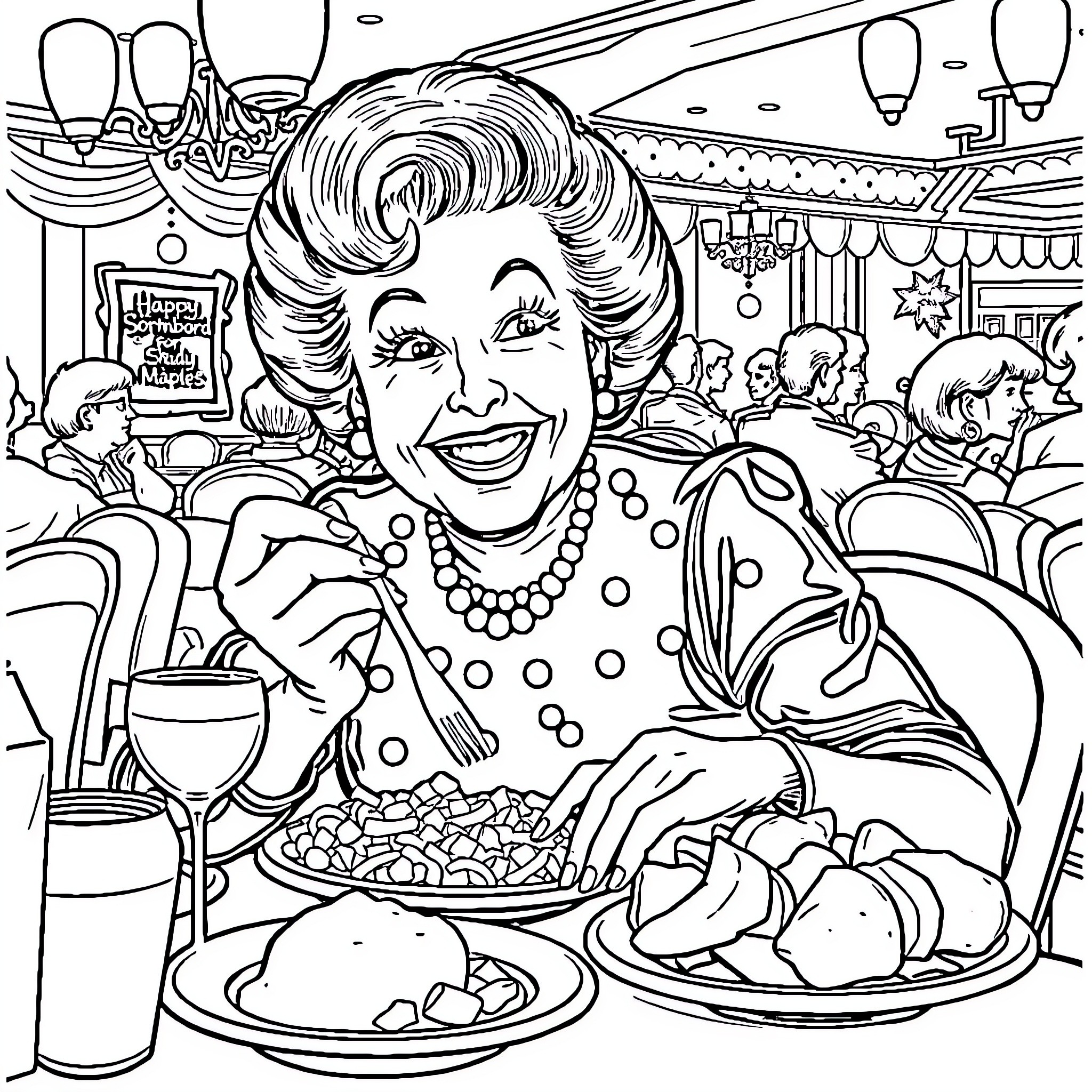 Lucille Ball enjoying a celebratory meal in a lively diner Coloring Page (free black-and-white line drawing printable PDF for all, from beginners to advanced learners, including children, teens, adults, and seniors)