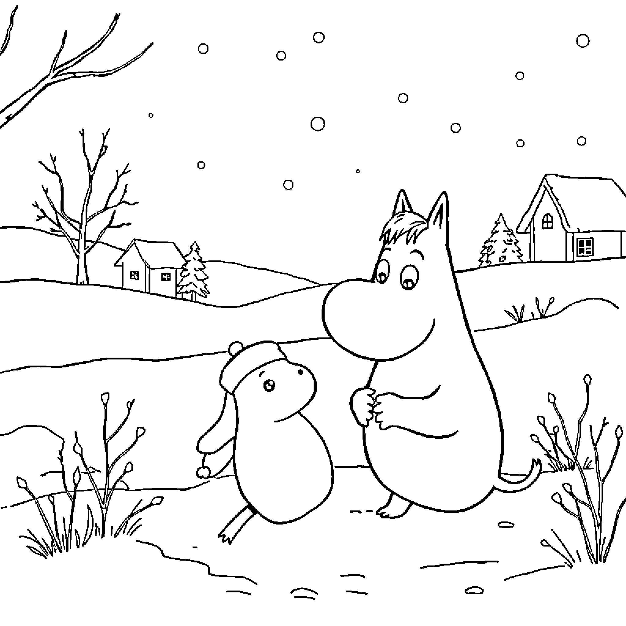 Moomin family enjoying a winter landscape Coloring Page (free black-and-white line drawing printable PDF for all, from beginners to advanced learners, including children, teens, adults, and seniors)