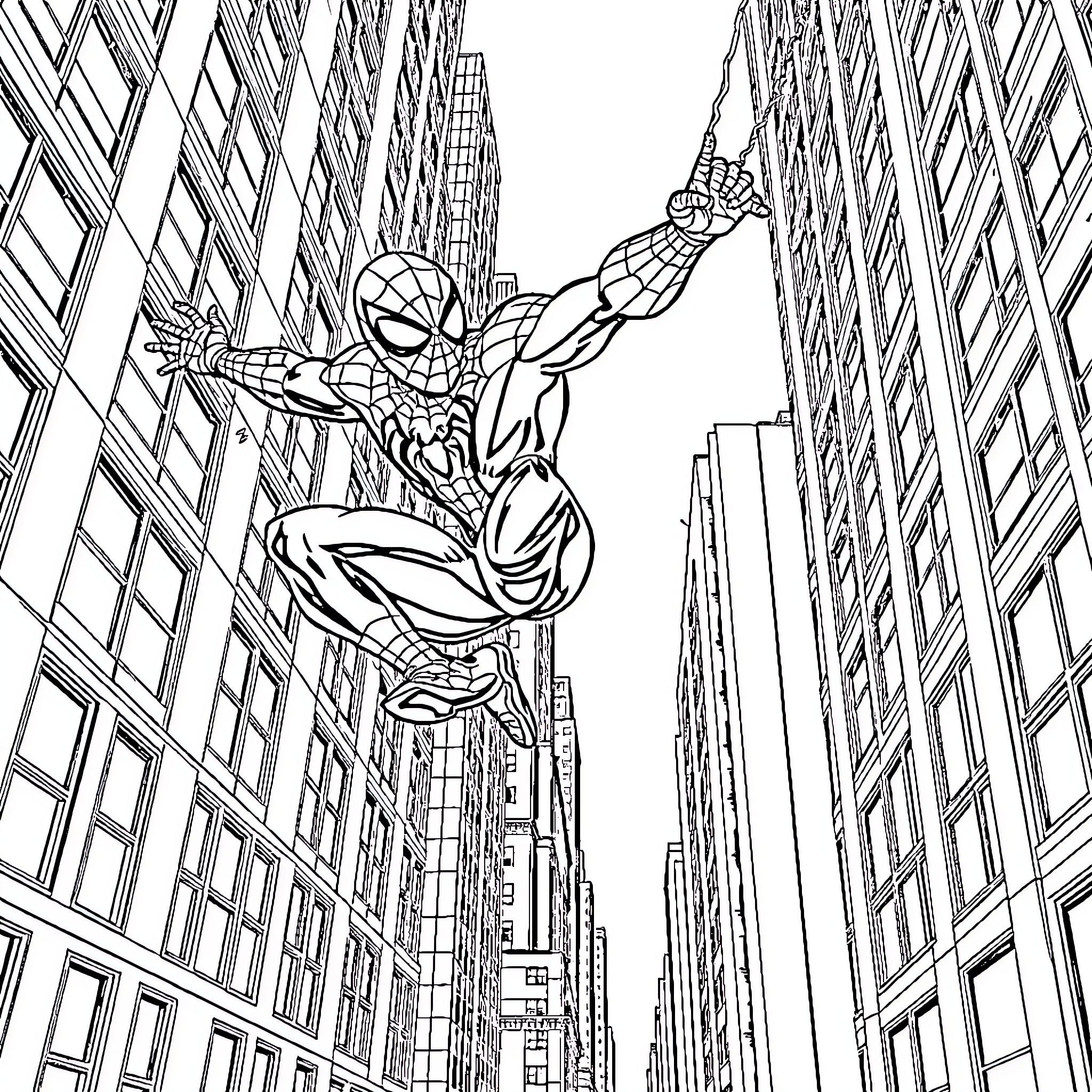 Spiderman swinging through the city skyscrapers Coloring Page (free black-and-white line drawing printable PDF for all, from beginners to advanced learners, including children, teens, adults, and seniors)