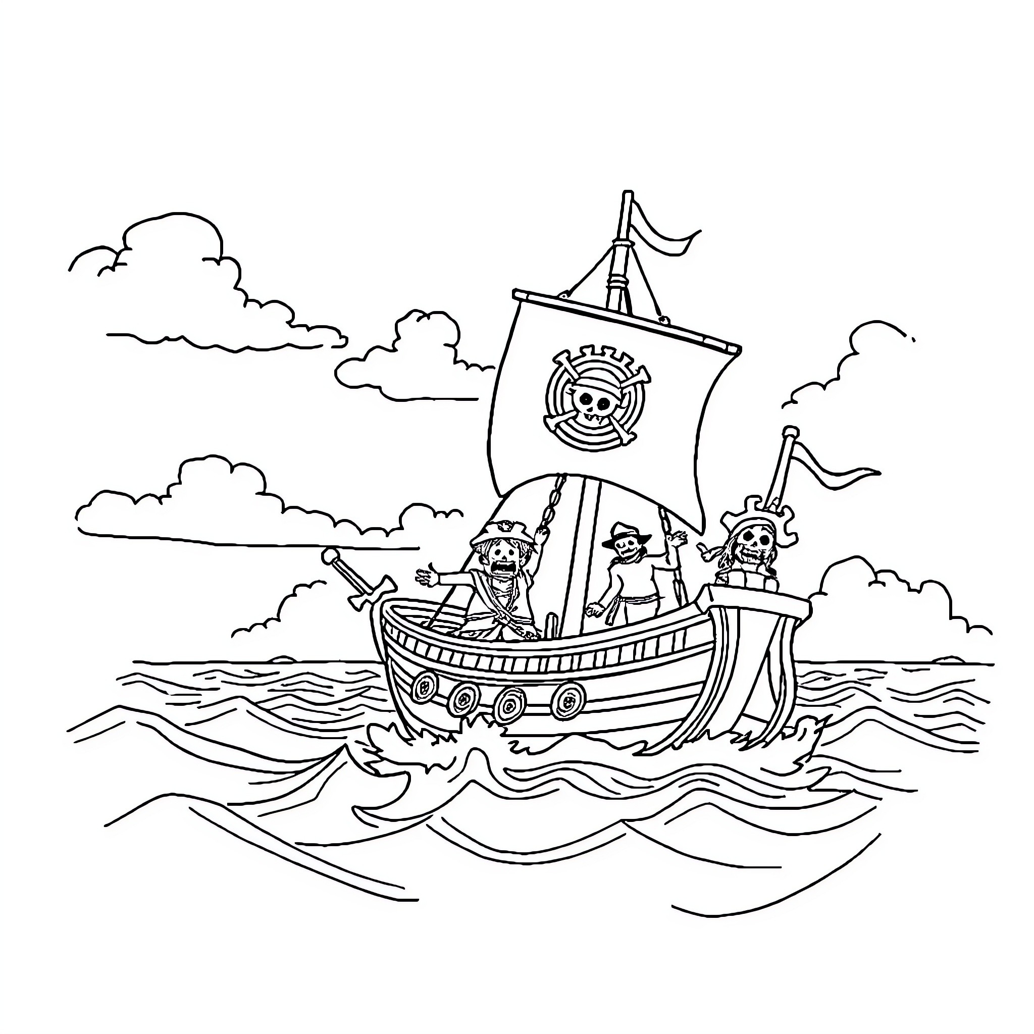 One Piece Pirates Sailing the Seas on Their Ship Coloring Page (free black-and-white line drawing printable PDF for all, from beginners to advanced learners, including children, teens, adults, and seniors)