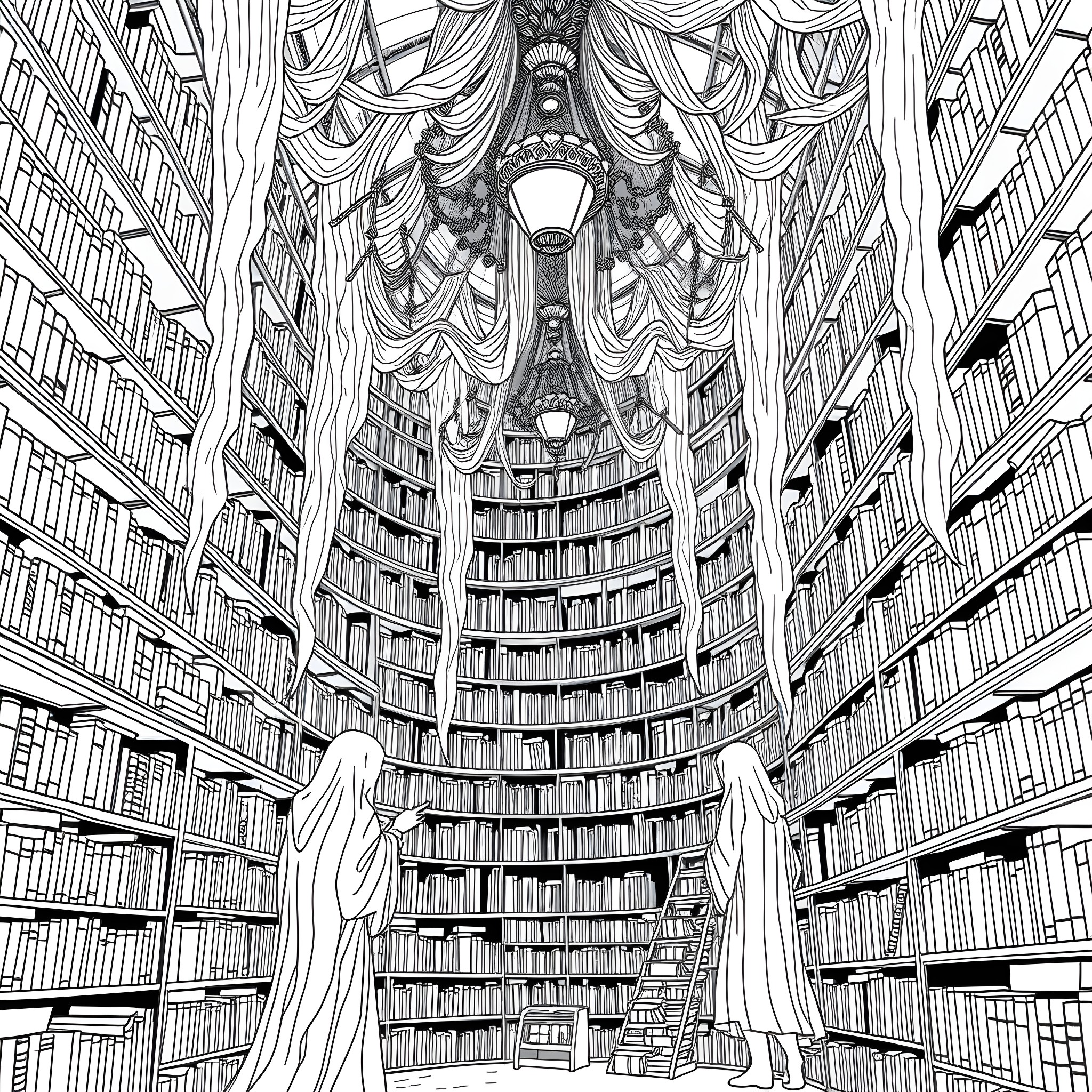 Library of Wonder and Imagination Coloring Page (free black-and-white line drawing printable PDF for all, from beginners to advanced learners, including children, teens, adults, and seniors)