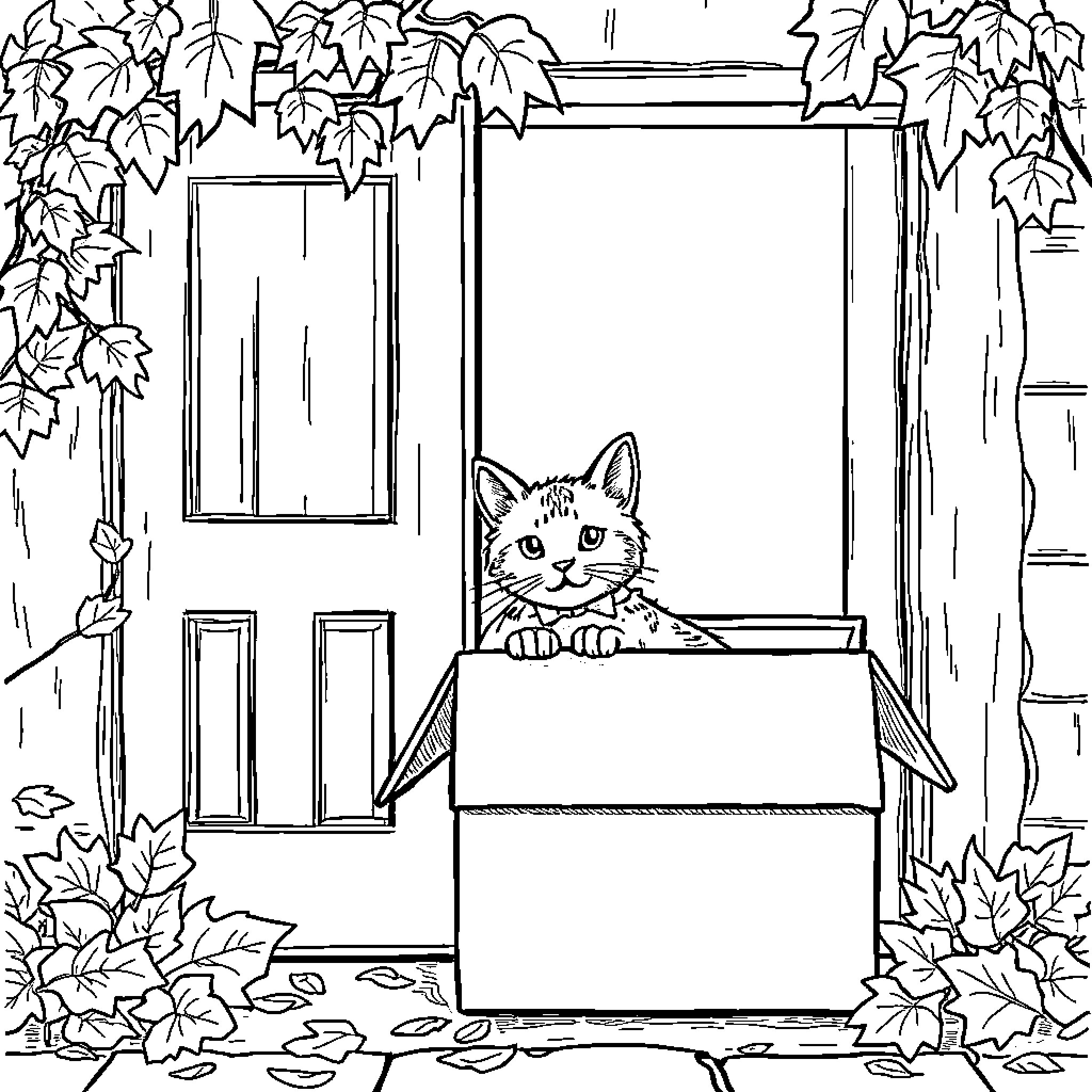 Cat peeking from cardboard box on porch Coloring Page (free black-and-white line drawing printable PDF for all, from beginners to advanced learners, including children, teens, adults, and seniors)