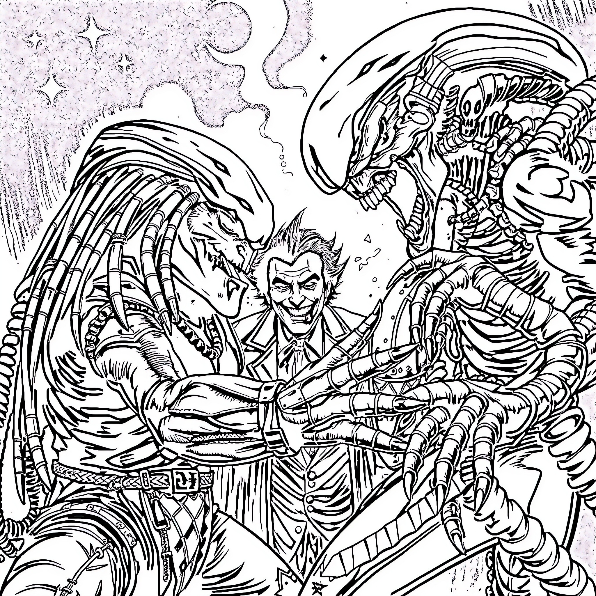 Predator confronts a demonic alien creature in a surreal cosmic scene Coloring Page (free black-and-white line drawing printable PDF for all, from beginners to advanced learners, including children, teens, adults, and seniors)