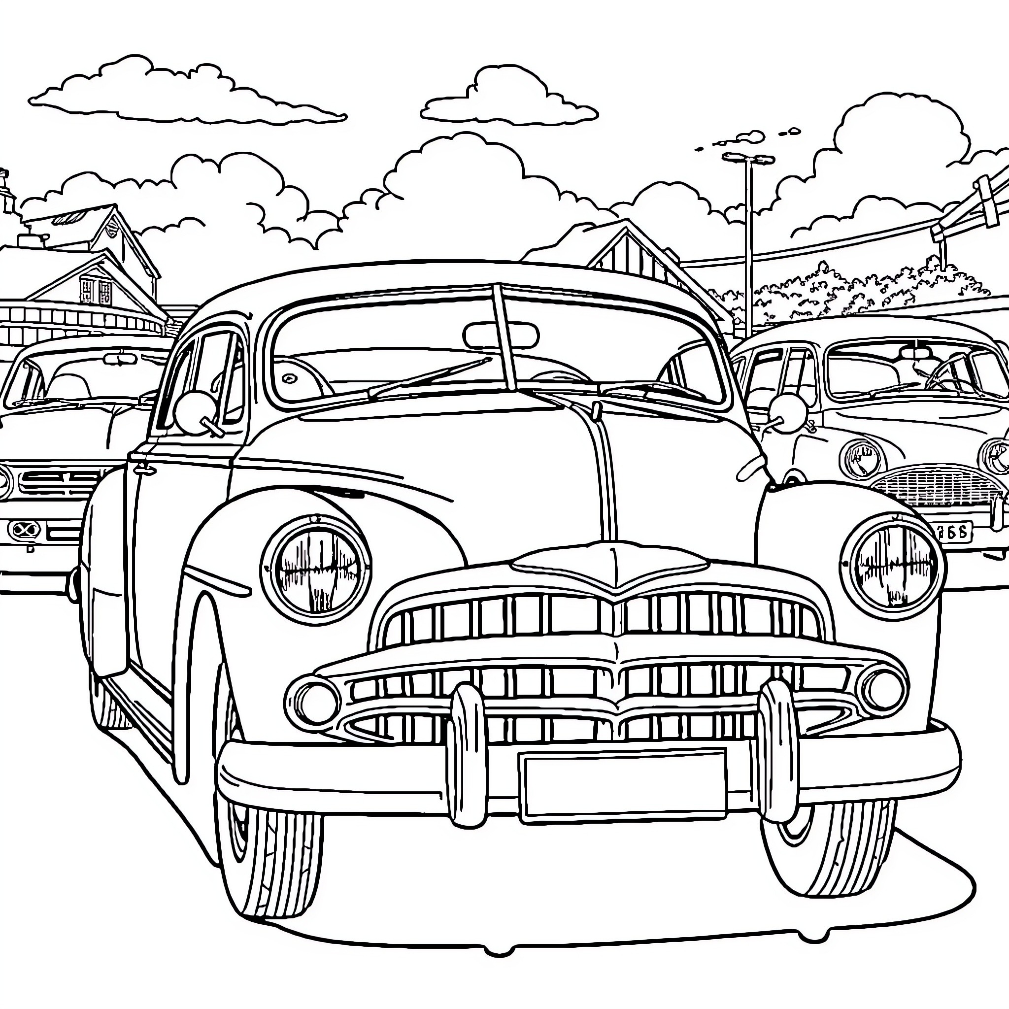 Car from the past on a rural street Coloring Page (free black-and-white line drawing printable PDF for all, from beginners to advanced learners, including children, teens, adults, and seniors)