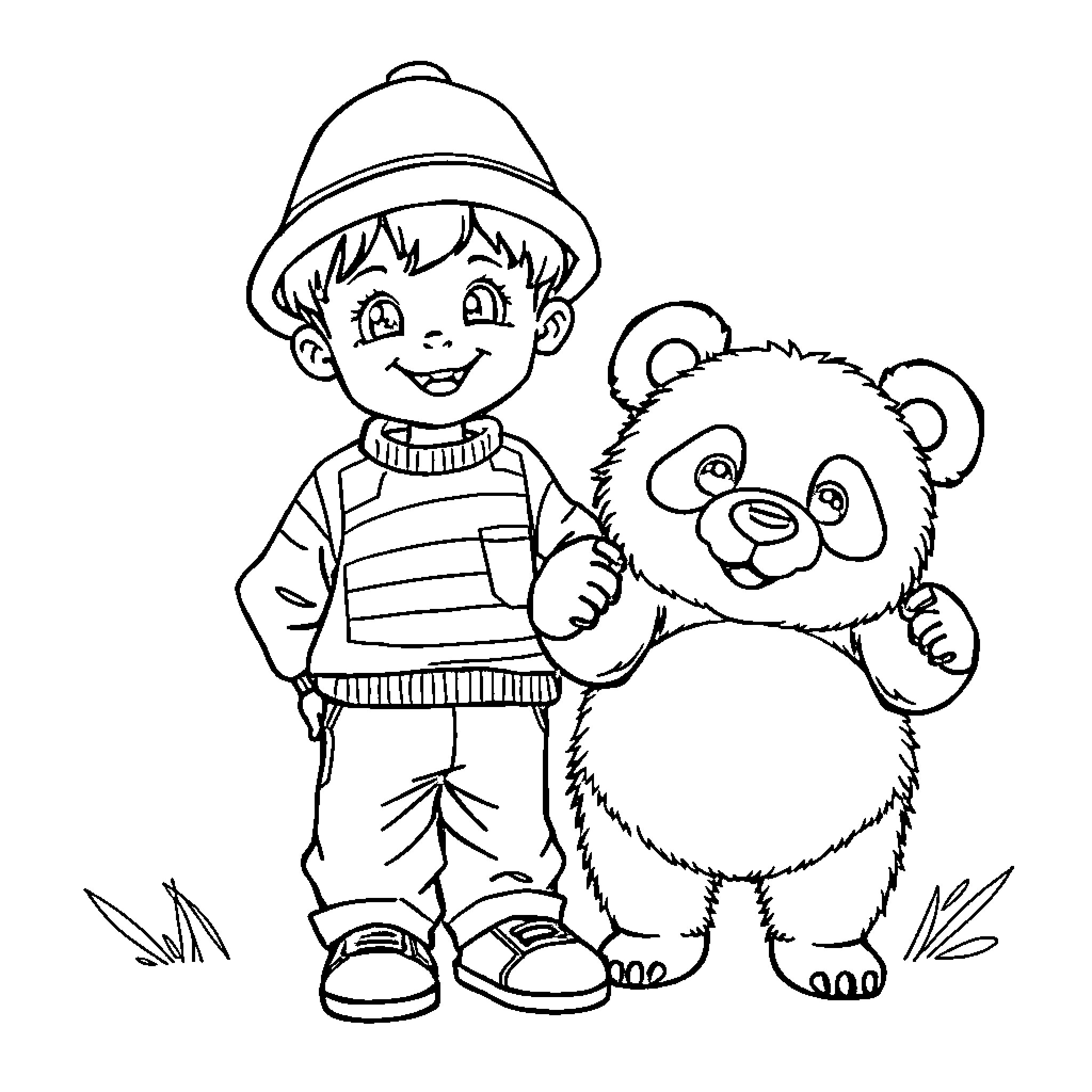 Boy playing happily with teddy bear in the outdoors Coloring Page (free black-and-white line drawing printable PDF for all, from beginners to advanced learners, including children, teens, adults, and seniors)