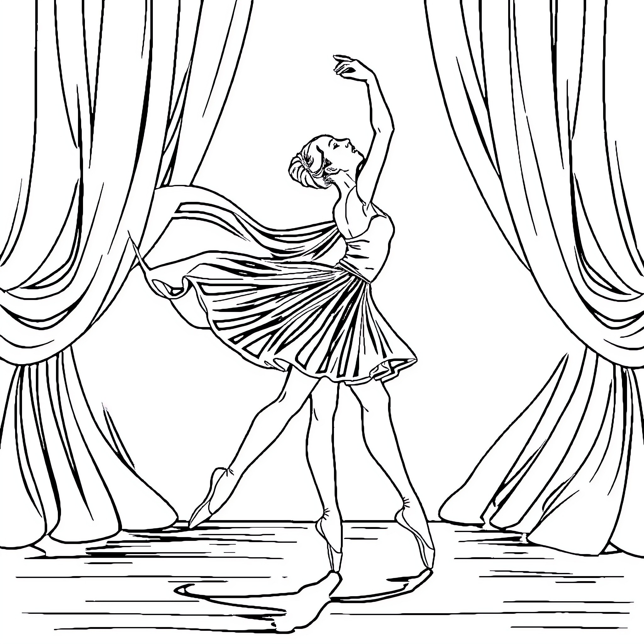 Ballerina gracefully performing on stage Coloring Page (free black-and-white line drawing printable PDF for all, from beginners to advanced learners, including children, teens, adults, and seniors)