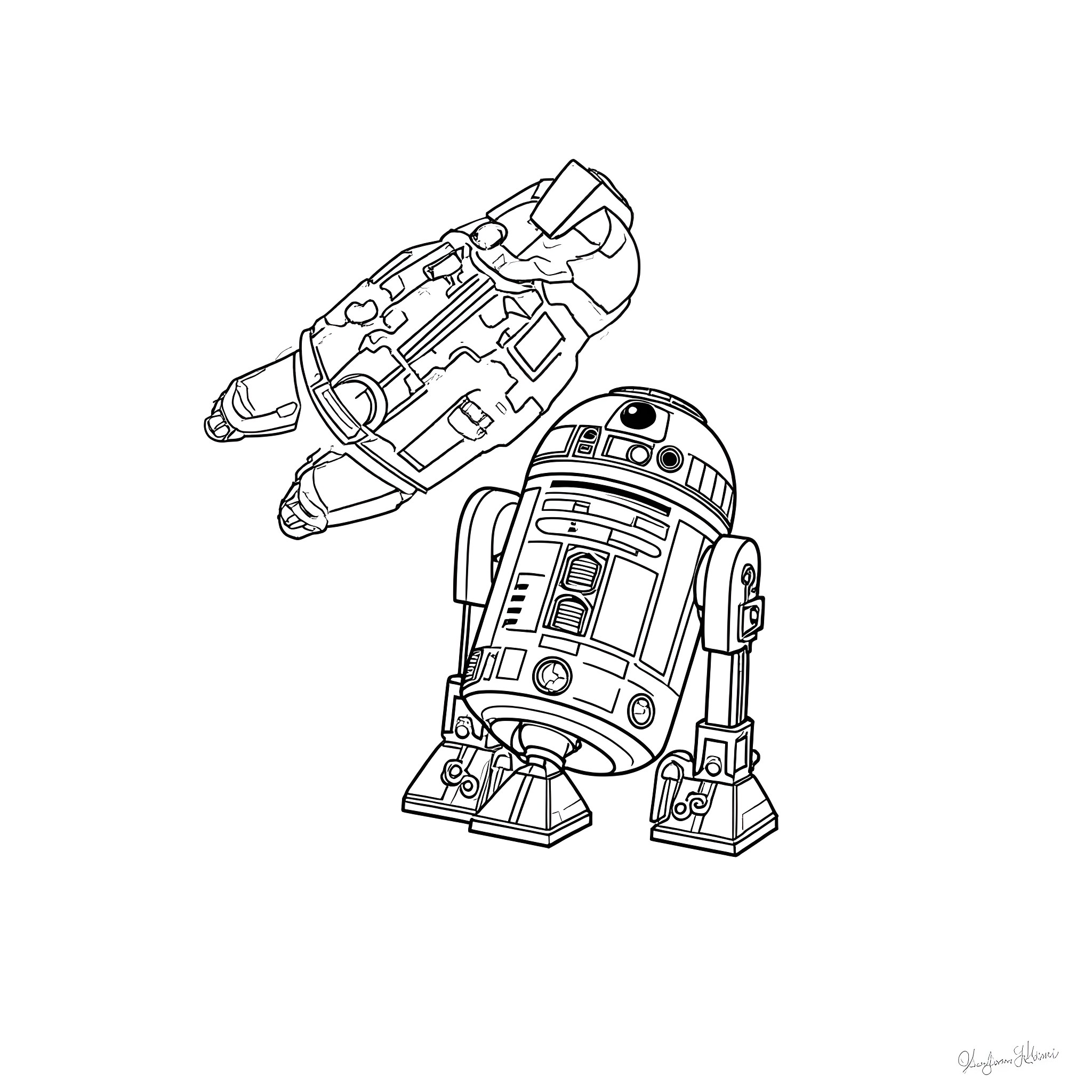R2-D2 and X-Wing Fighter Coloring Page (free black-and-white line drawing printable PDF for all, from beginners to advanced learners, including children, teens, adults, and seniors)