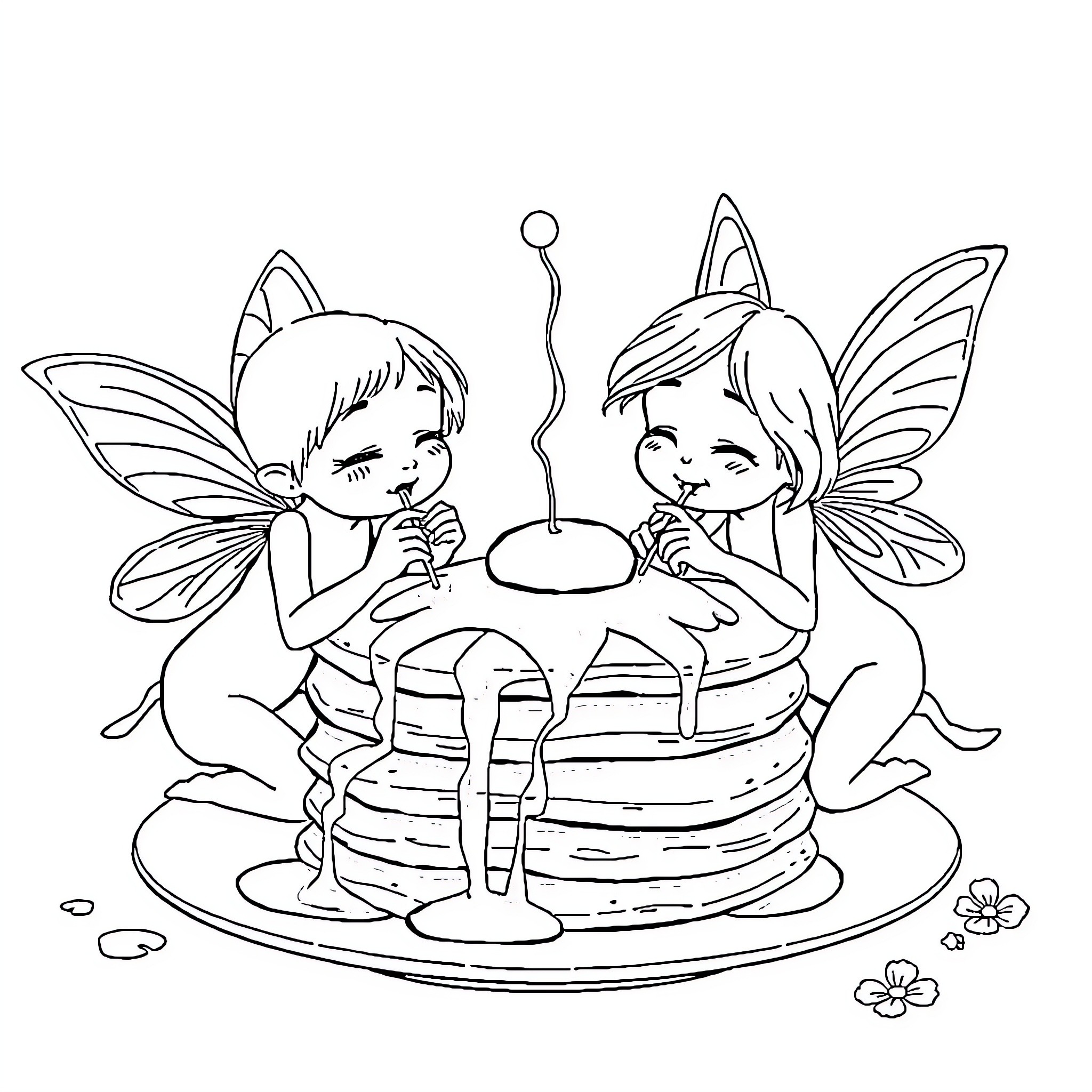 Fee-licious Fairy Friends Feast on Fanciful Fare Coloring Page (free black-and-white line drawing printable PDF for all, from beginners to advanced learners, including children, teens, adults, and seniors)
