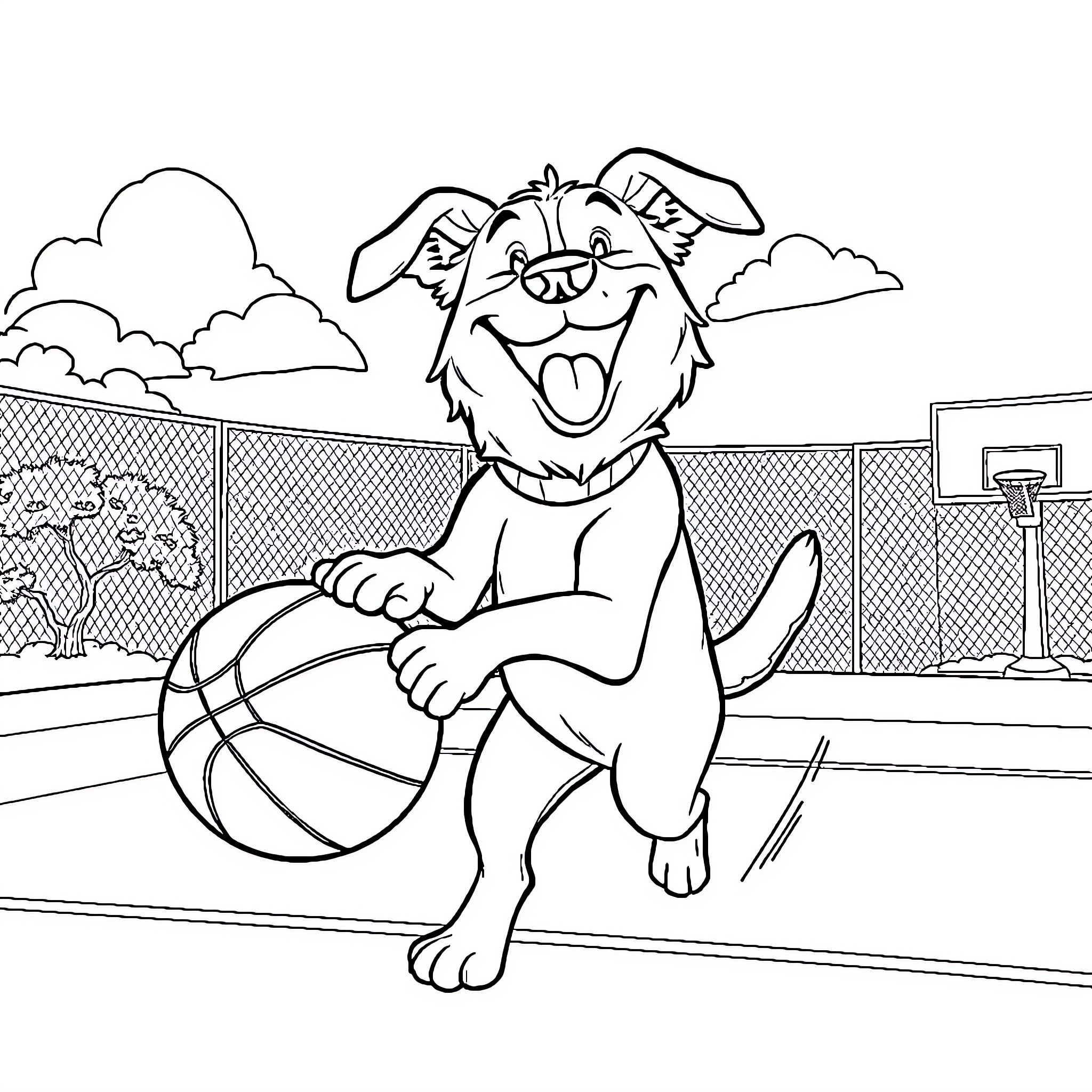 Dog playing happily with basketball on court Coloring Page (free black-and-white line drawing printable PDF for all, from beginners to advanced learners, including children, teens, adults, and seniors)