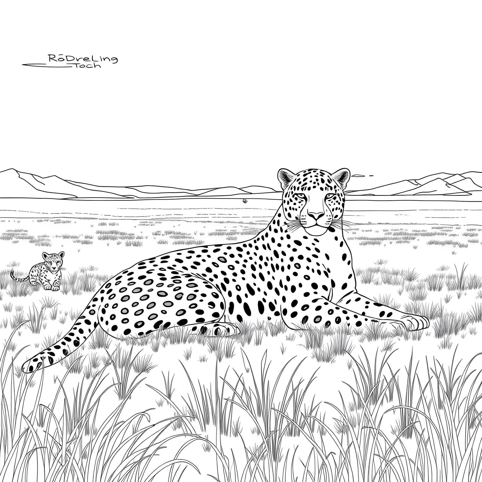Leopard relaxing in the grasslands Coloring Page (free black-and-white line drawing printable PDF for all, from beginners to advanced learners, including children, teens, adults, and seniors)