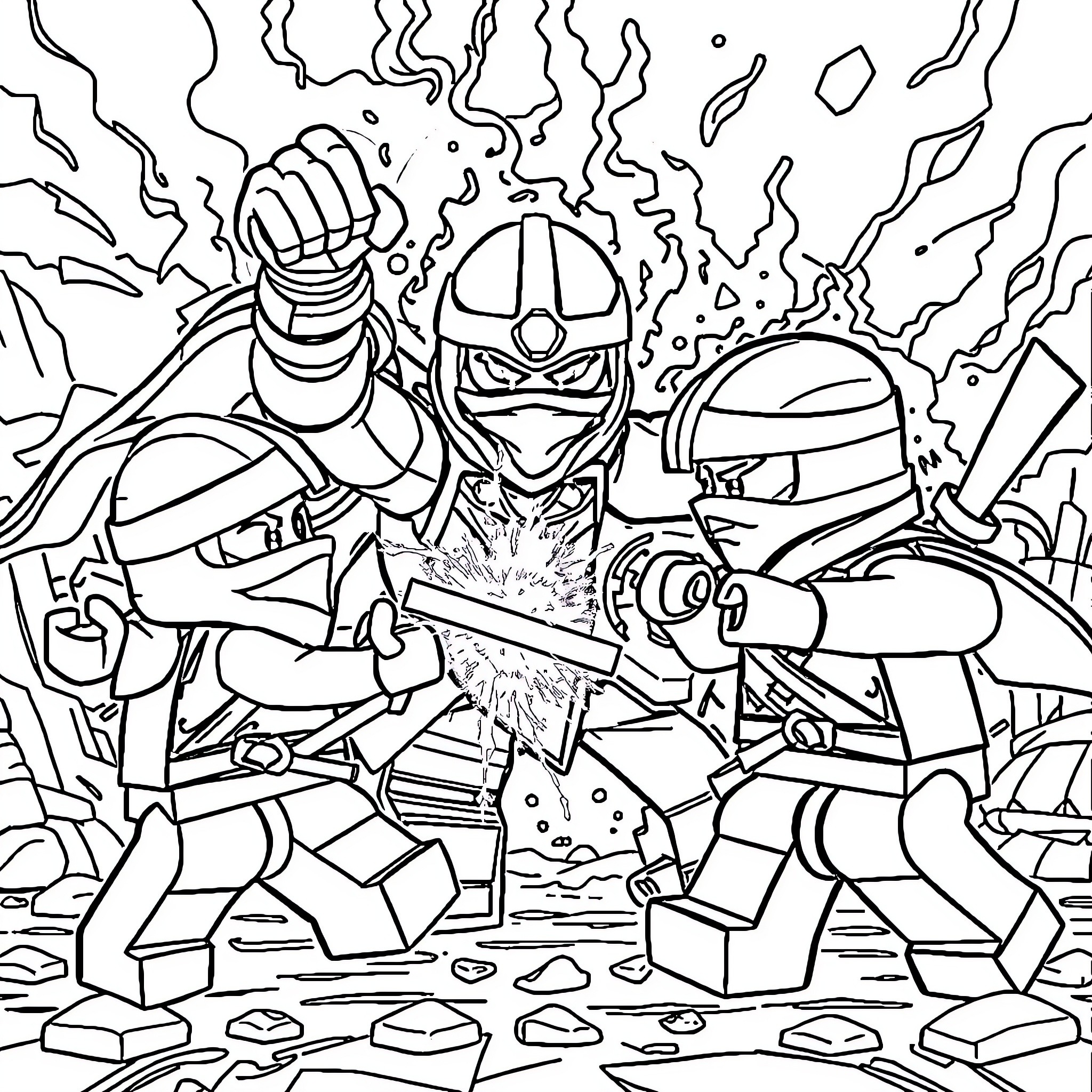 Ninjago characters in epic battle scene Coloring Page (free black-and-white line drawing printable PDF for all, from beginners to advanced learners, including children, teens, adults, and seniors)