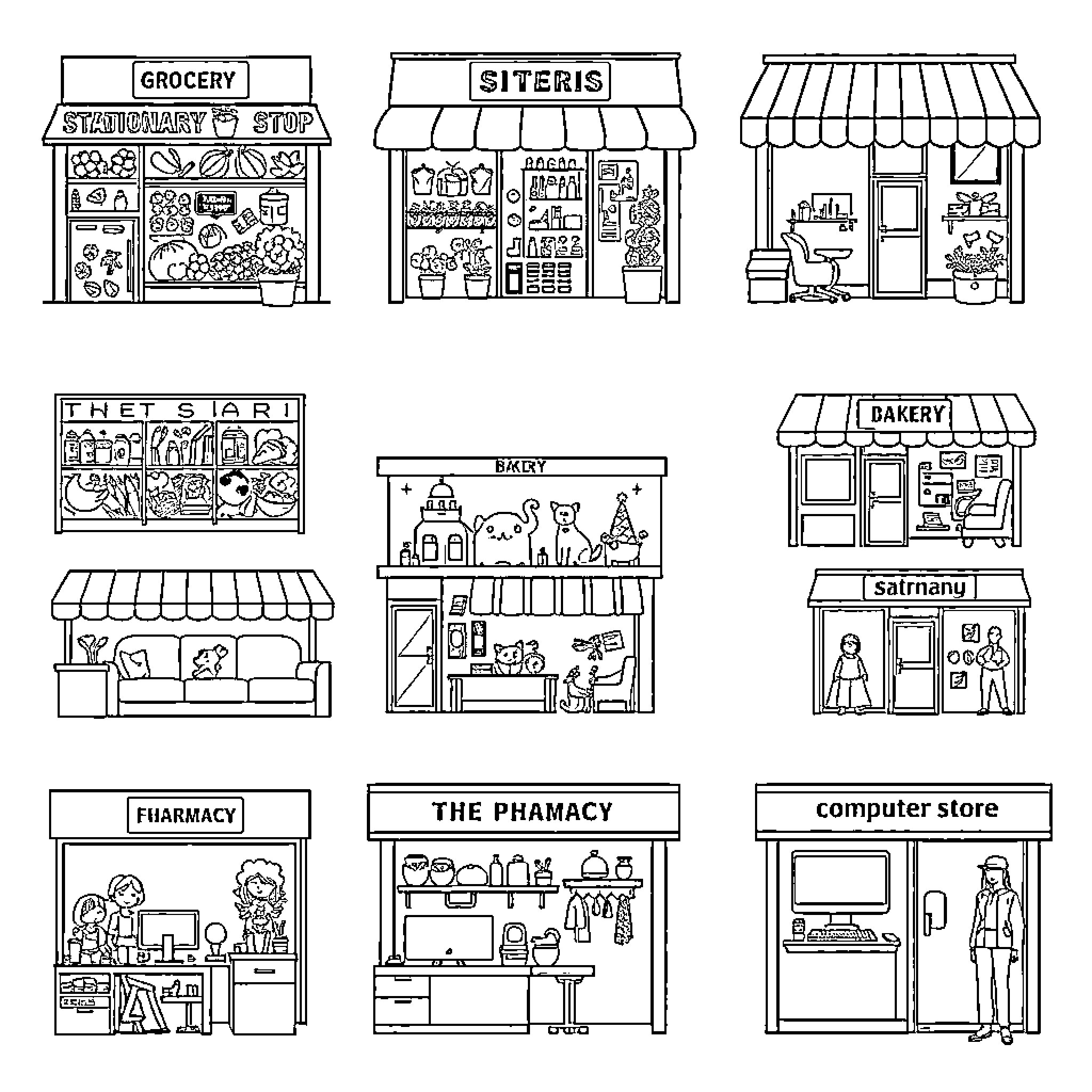 Store Storefronts with Various Products and Services Coloring Page (free black-and-white line drawing printable PDF for all, from beginners to advanced learners, including children, teens, adults, and seniors)