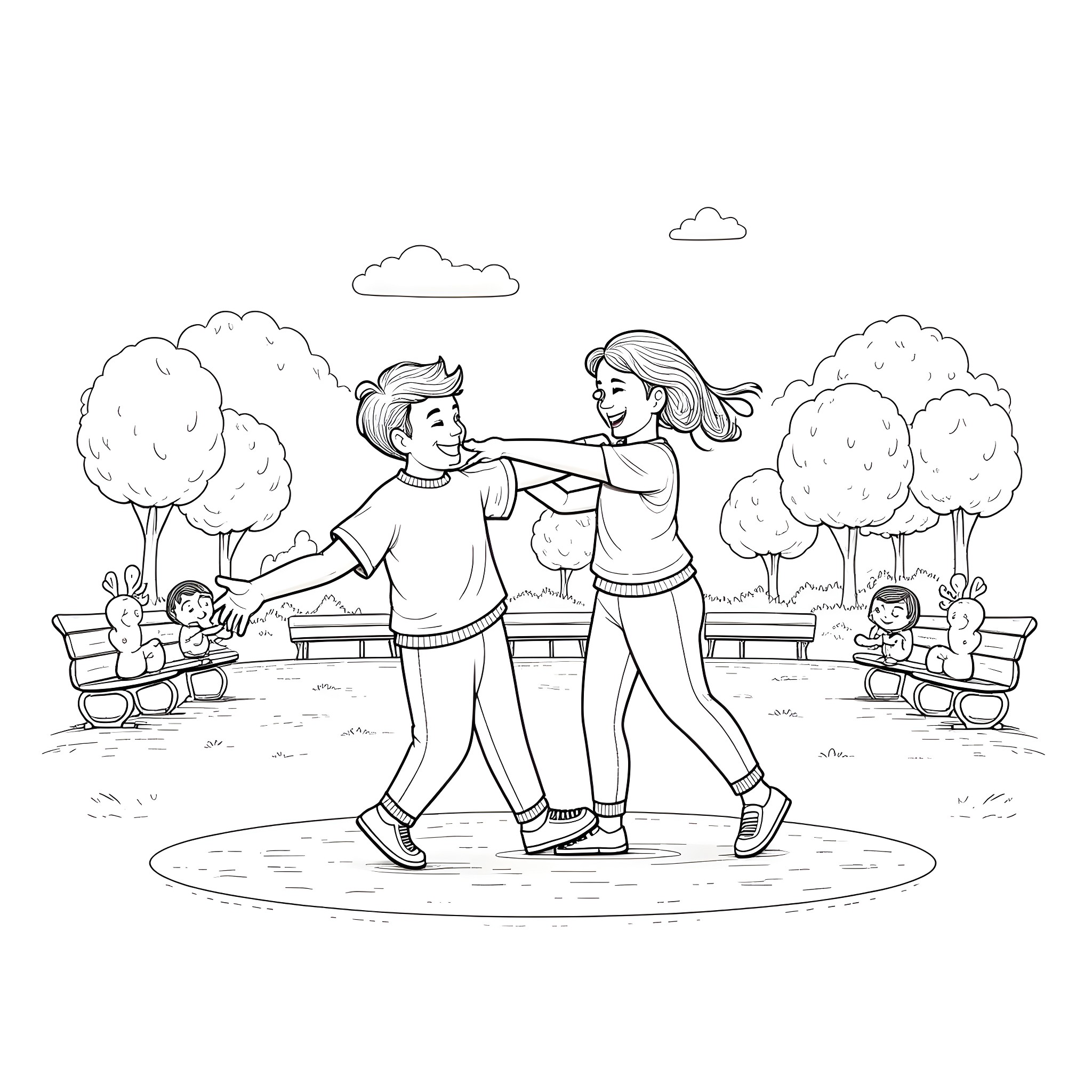 Push And Shove: Arguing Couple in Outdoor Setting Coloring Page (free black-and-white line drawing printable PDF for all, from beginners to advanced learners, including children, teens, adults, and seniors)