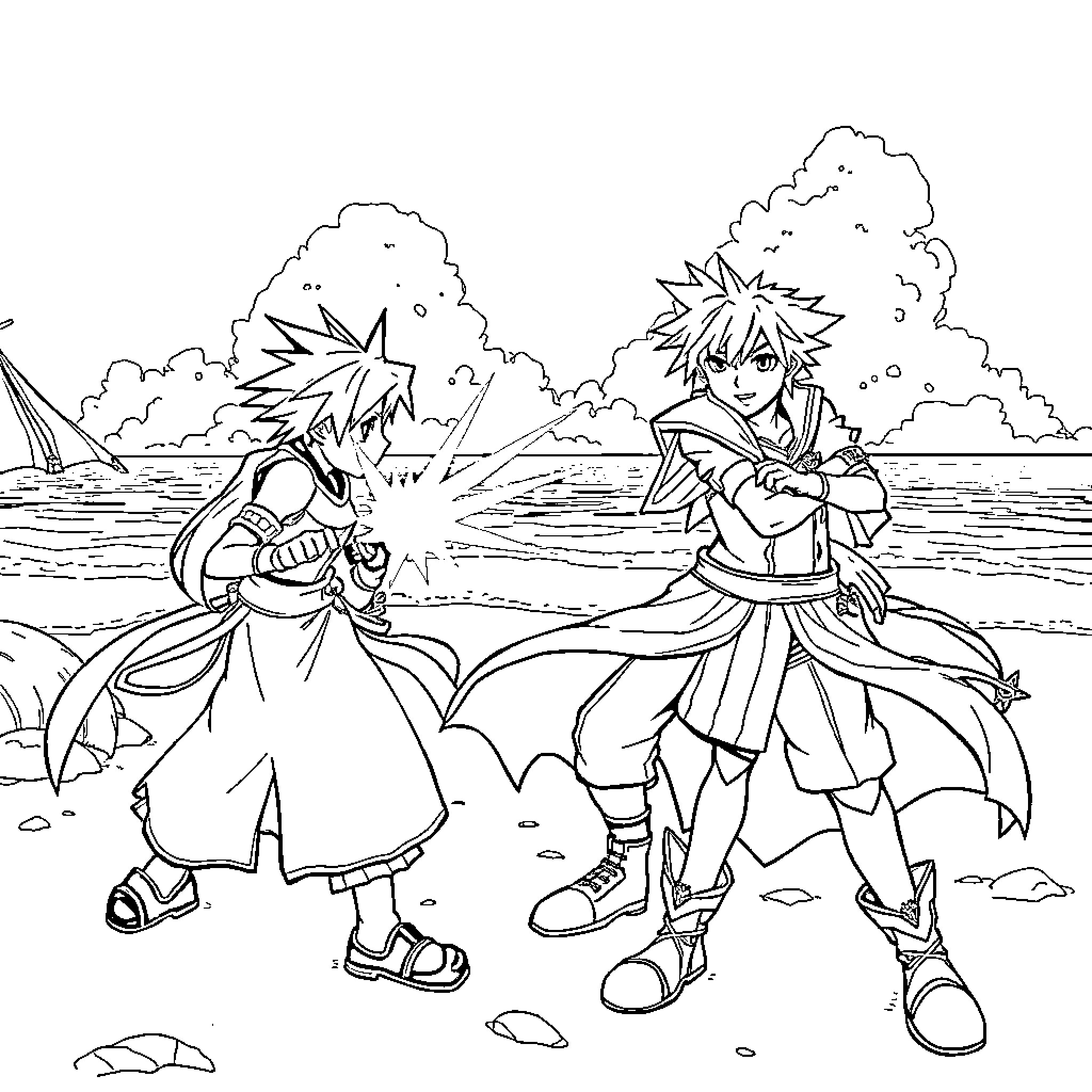 Sora and friends in coastal adventure Coloring Page (free black-and-white line drawing printable PDF for all, from beginners to advanced learners, including children, teens, adults, and seniors)