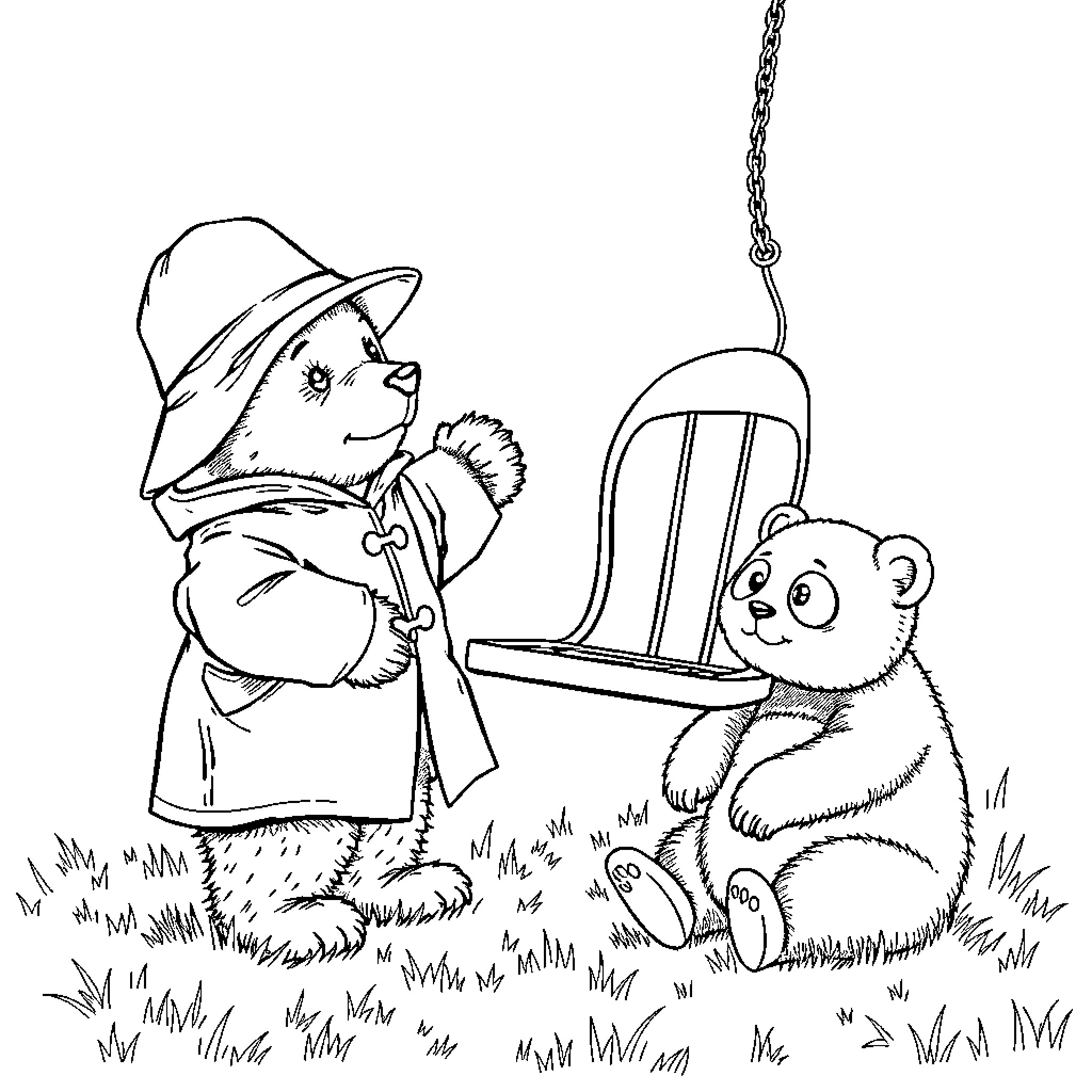 Paddington and friends explore the outdoors Coloring Page (free black-and-white line drawing printable PDF for all, from beginners to advanced learners, including children, teens, adults, and seniors)