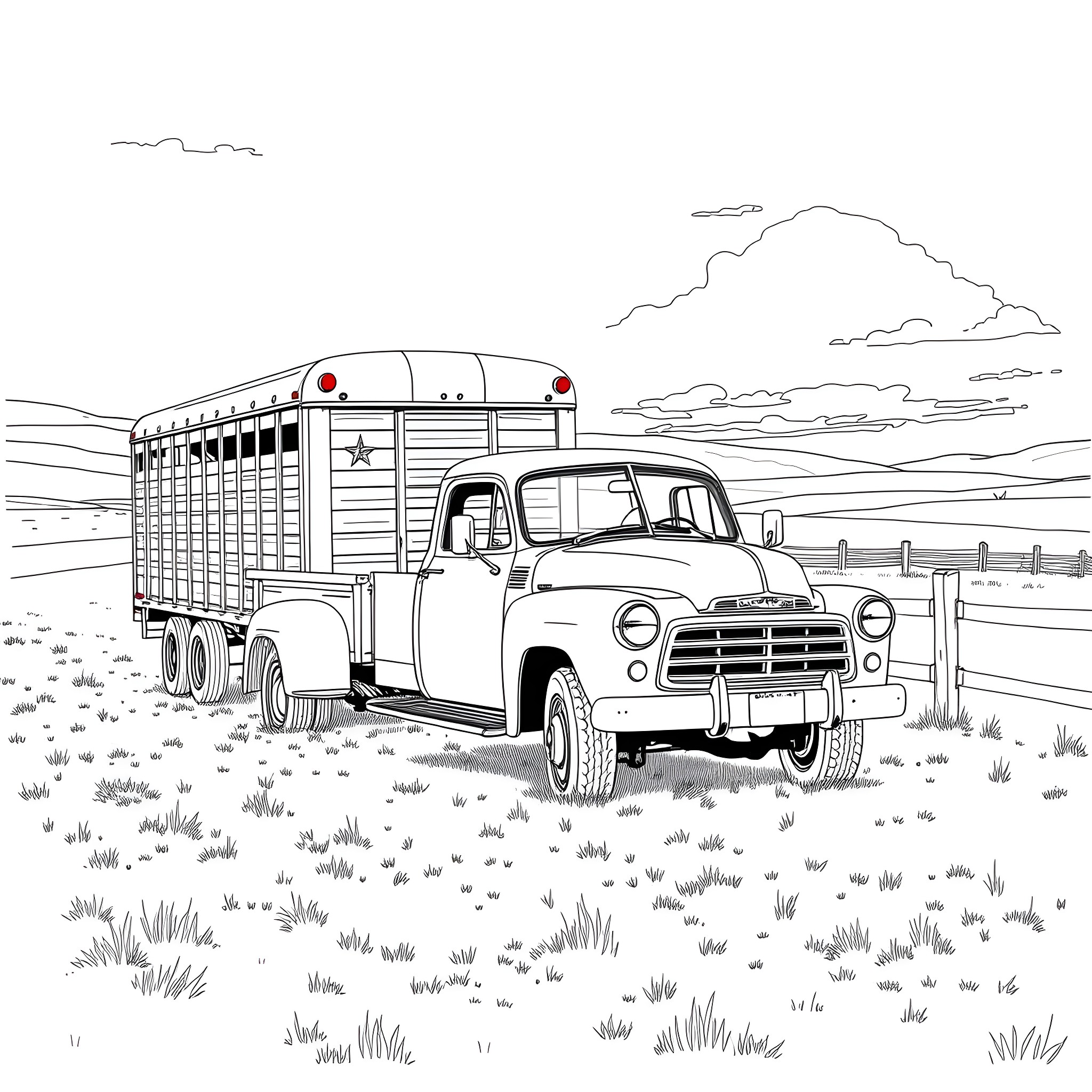 Pickup Truck Carrying Livestock on Rural Road Coloring Page (free black-and-white line drawing printable PDF for all, from beginners to advanced learners, including children, teens, adults, and seniors)