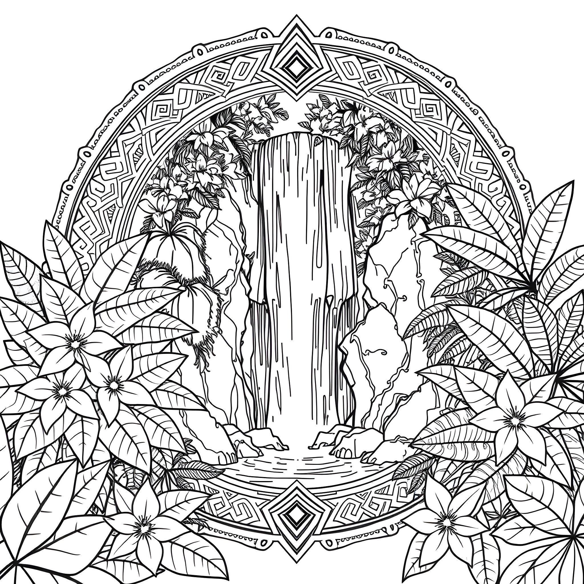 Pattern of Tropical Waterfall Scenery Coloring Page (free black-and-white line drawing printable PDF for all, from beginners to advanced learners, including children, teens, adults, and seniors)