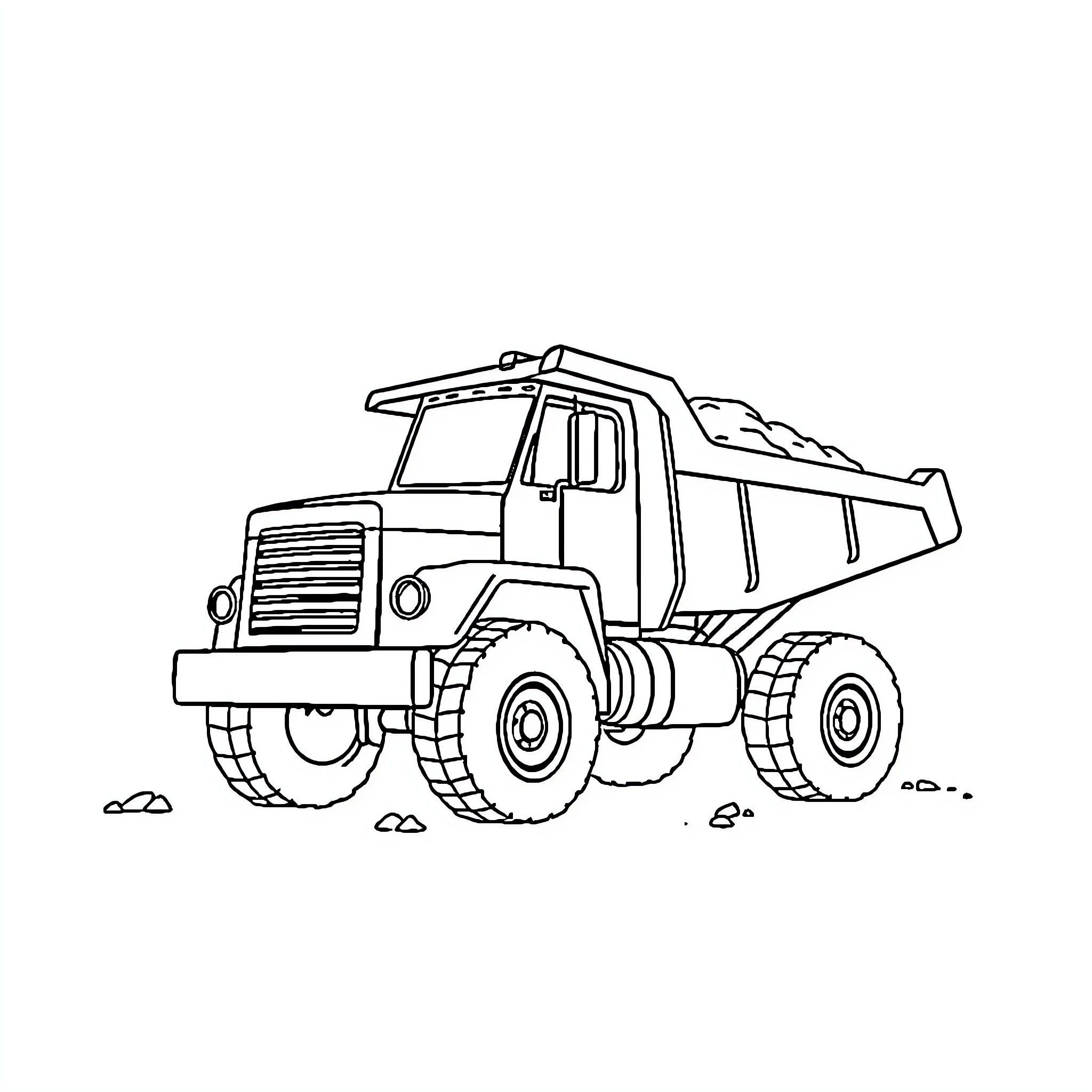 Dump Truck Carrying Heavy Load on Construction Site Coloring Page (free black-and-white line drawing printable PDF for all, from beginners to advanced learners, including children, teens, adults, and seniors)