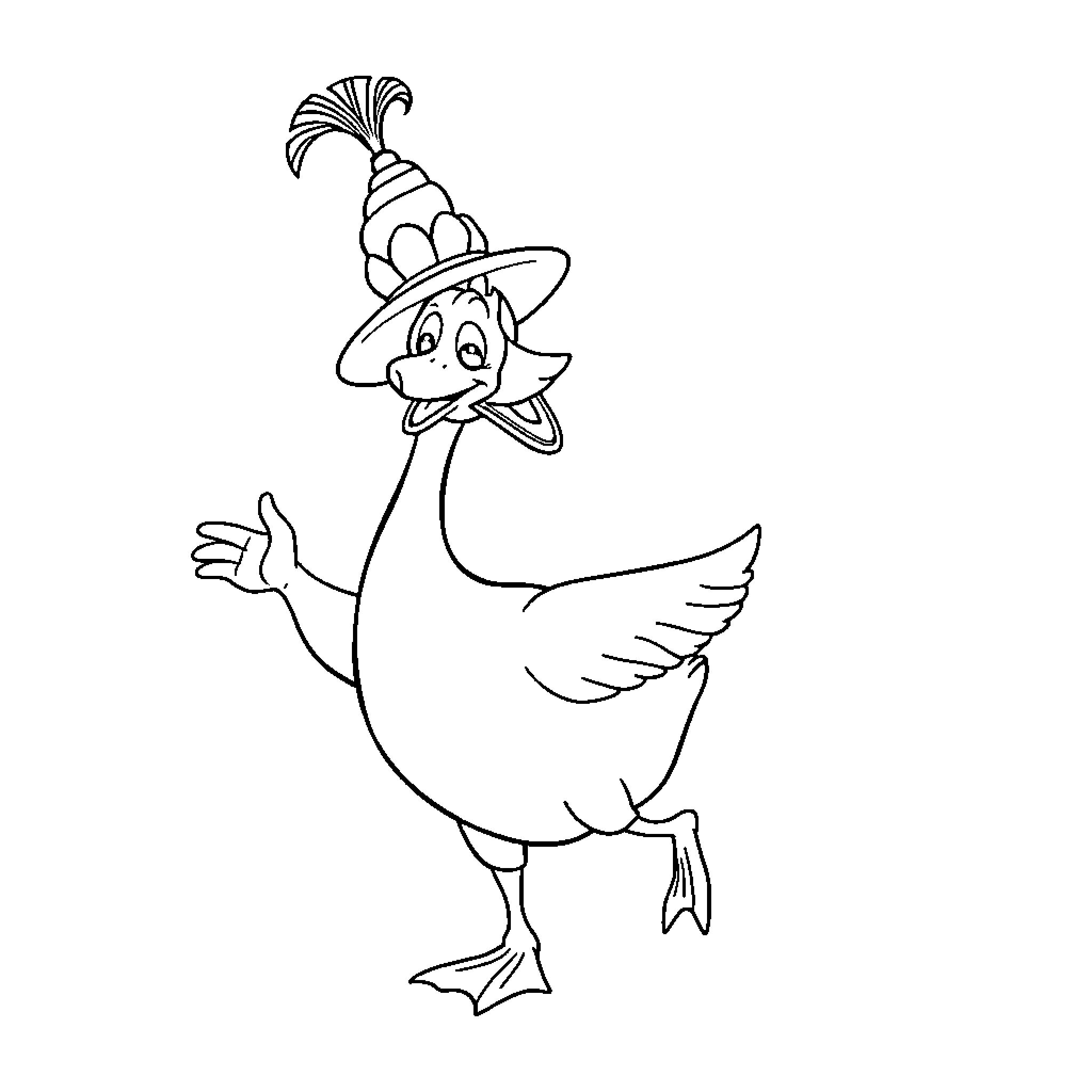 Goose wearing a festive hat and gesturing Coloring Page (free black-and-white line drawing printable PDF for all, from beginners to advanced learners, including children, teens, adults, and seniors)