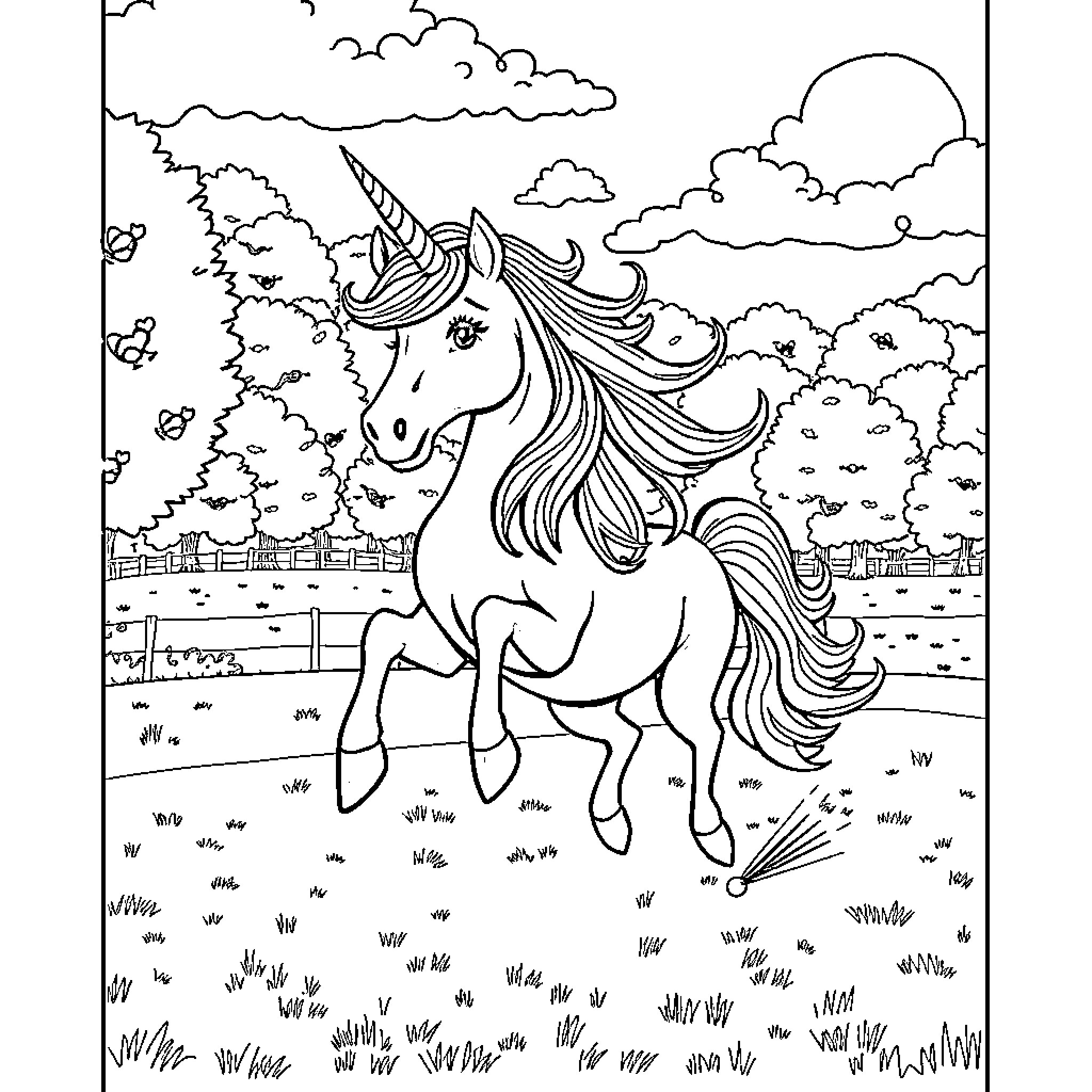 Unicorn galloping through a magical landscape Coloring Page (free black-and-white line drawing printable PDF for all, from beginners to advanced learners, including children, teens, adults, and seniors)