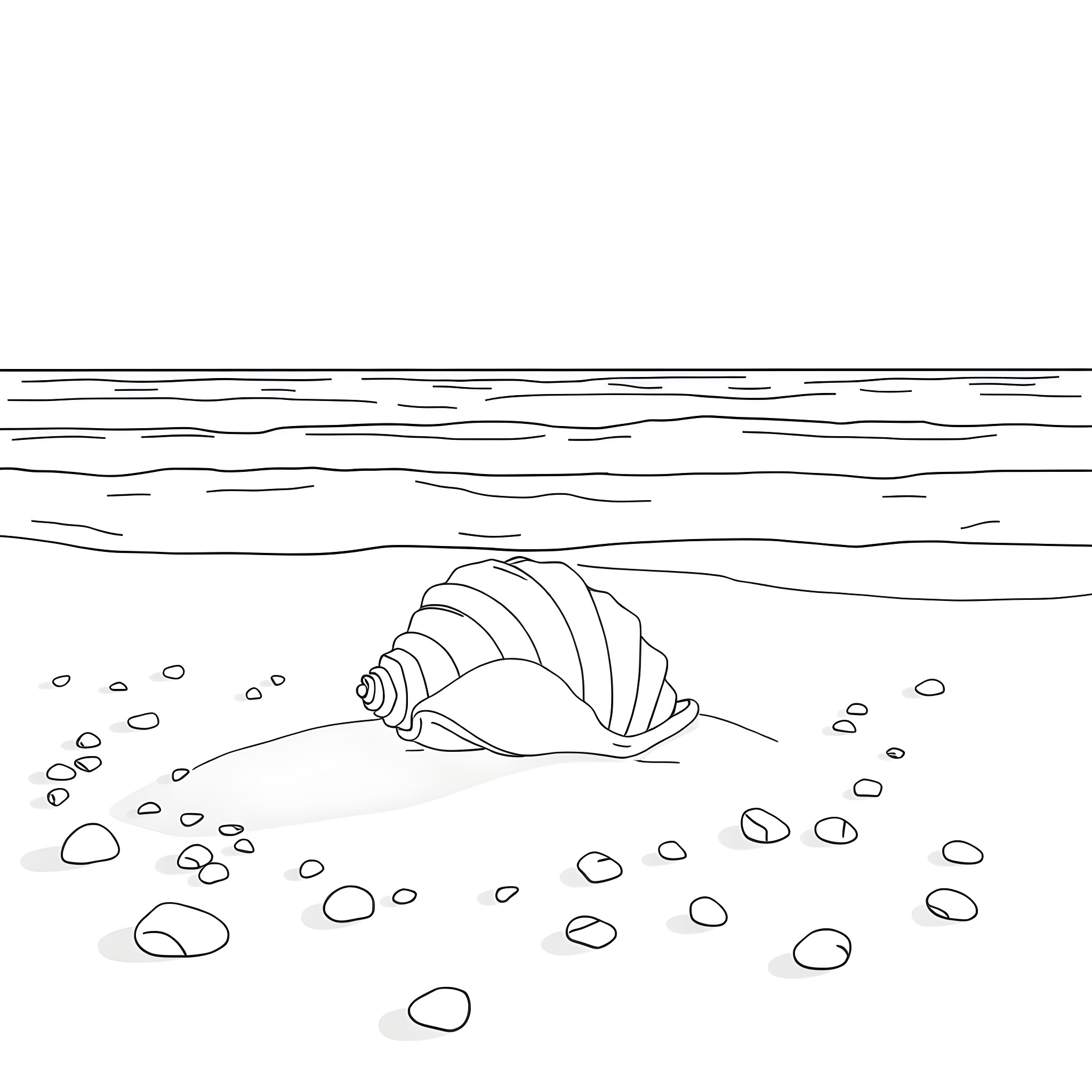 Seashell resting on the sandy beach Coloring Page (free black-and-white line drawing printable PDF for all, from beginners to advanced learners, including children, teens, adults, and seniors)