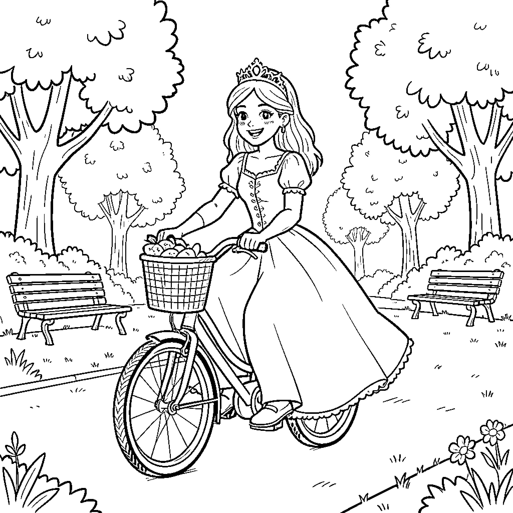 Princess riding a bicycle through a park Coloring Page (free black-and-white line drawing printable PDF for all, from beginners to advanced learners, including children, teens, adults, and seniors)