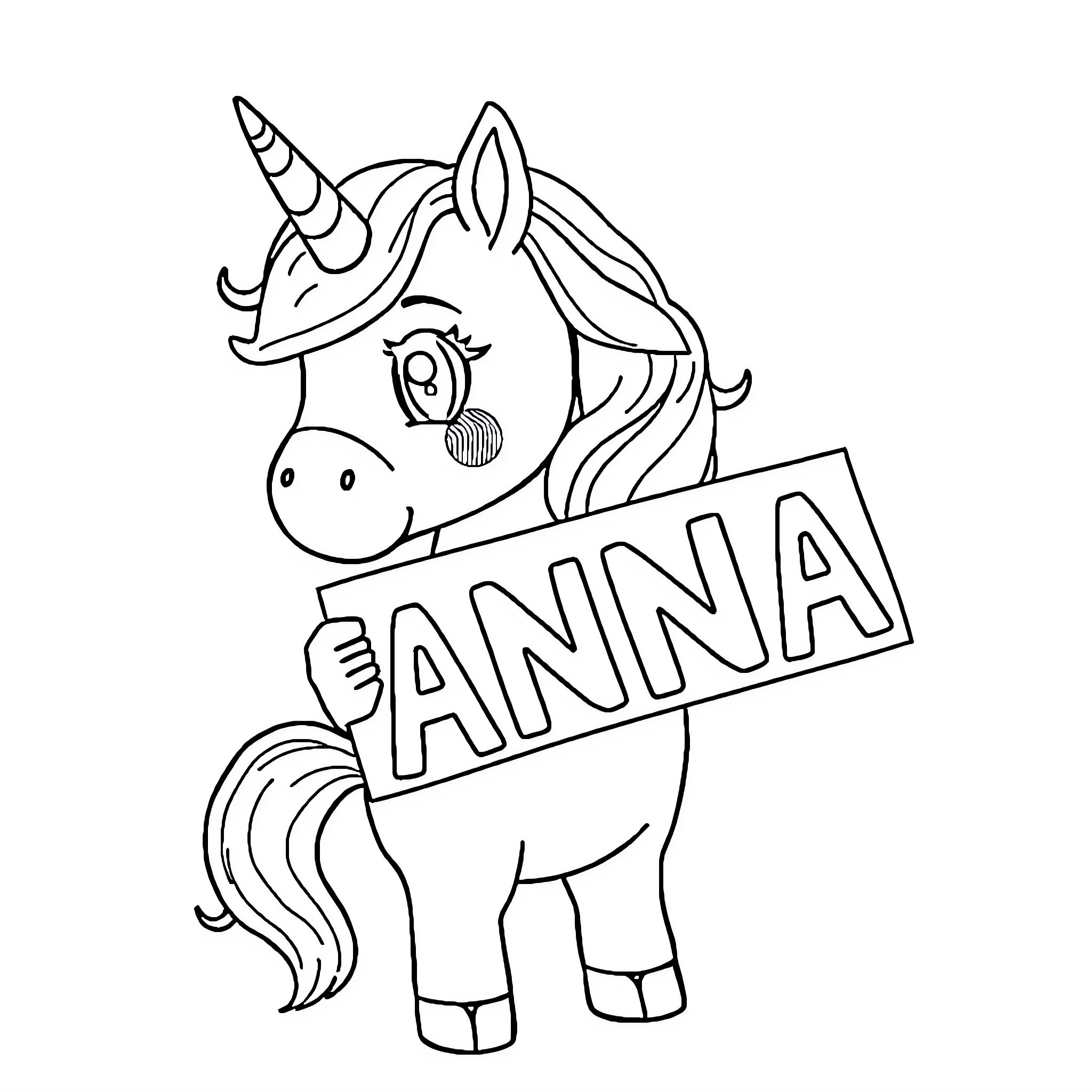Unicorn holding a sign with a name Coloring Page (free black-and-white line drawing printable PDF for all, from beginners to advanced learners, including children, teens, adults, and seniors)