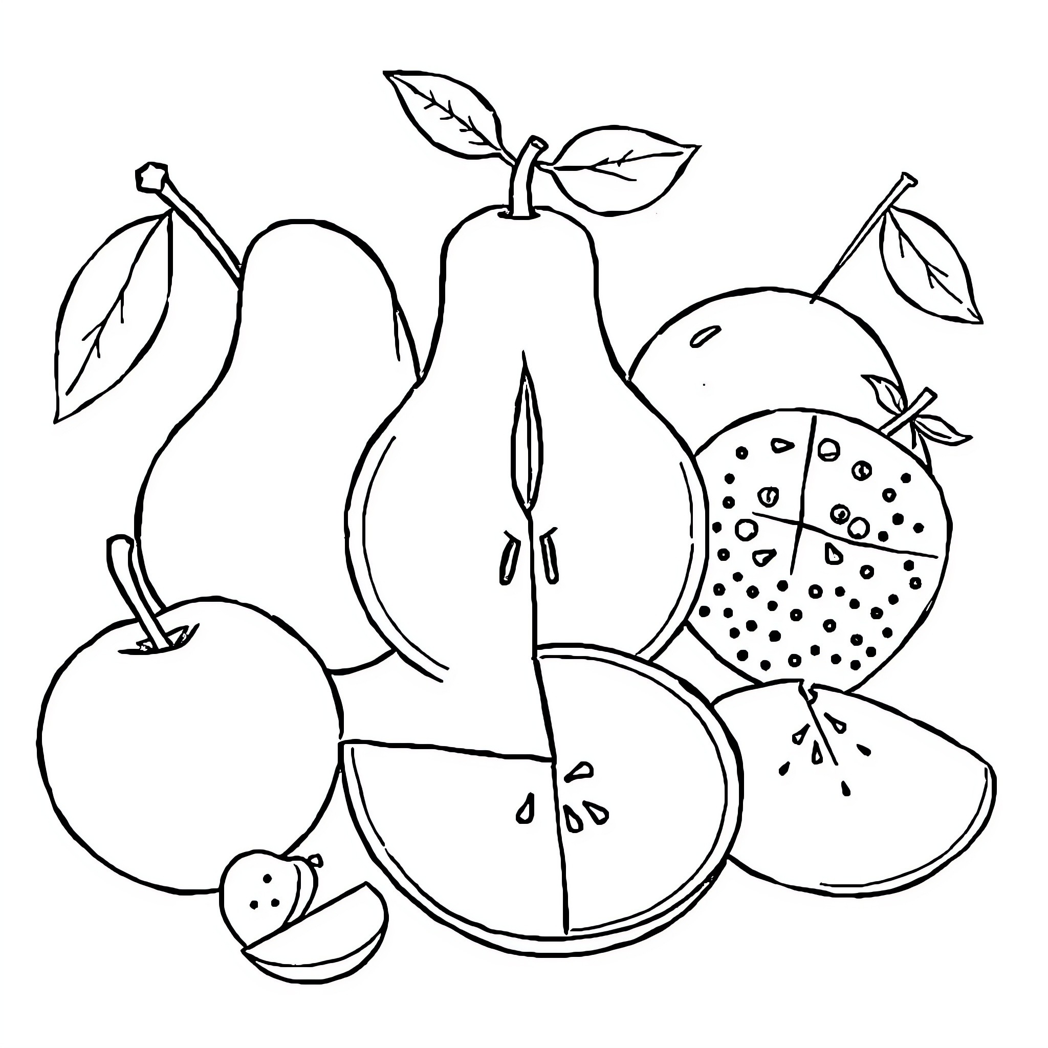 Fruit shapes in geometric design Coloring Page (free black-and-white line drawing printable PDF for all, from beginners to advanced learners, including children, teens, adults, and seniors)