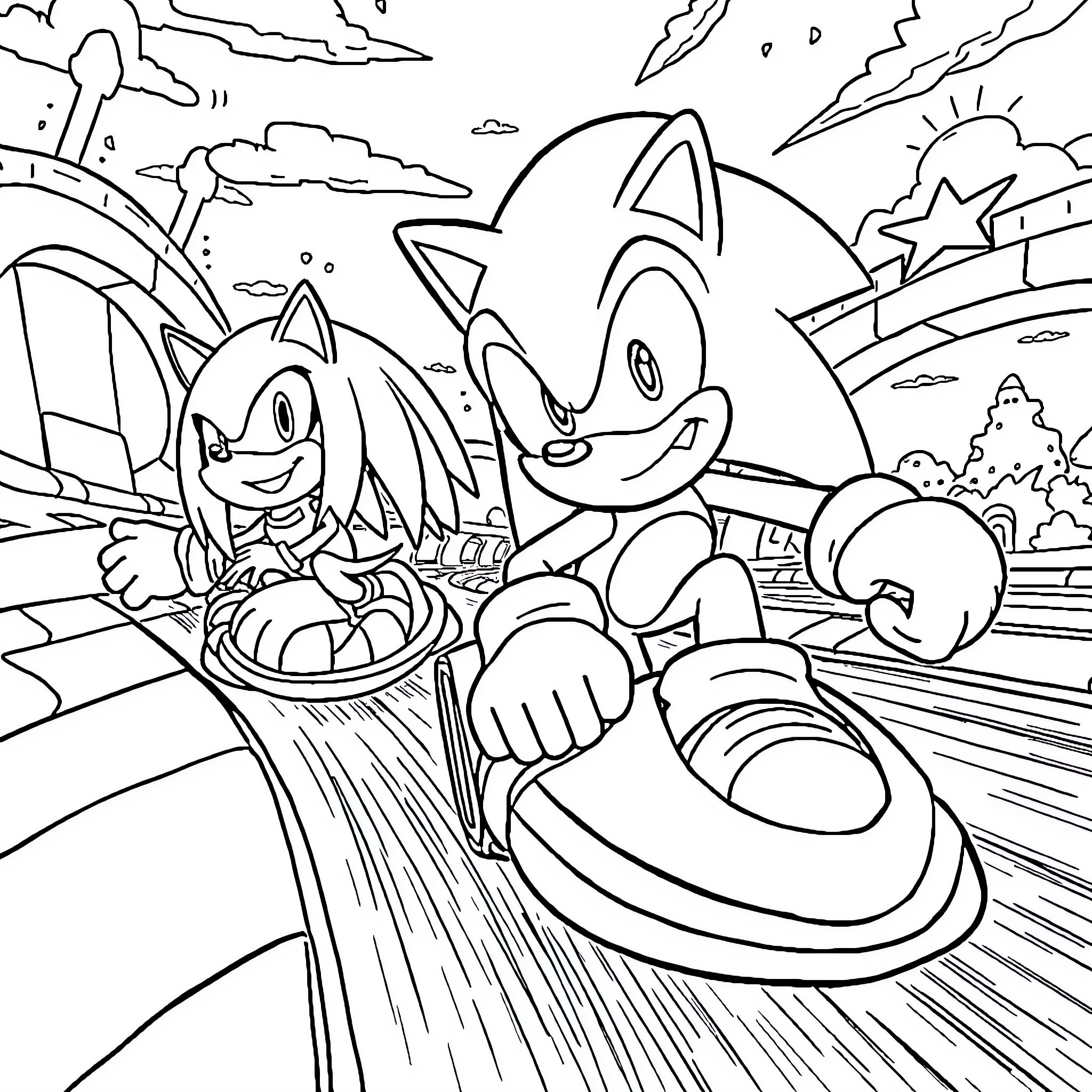 Sonic characters racing through a scenic landscape Coloring Page (free black-and-white line drawing printable PDF for all, from beginners to advanced learners, including children, teens, adults, and seniors)