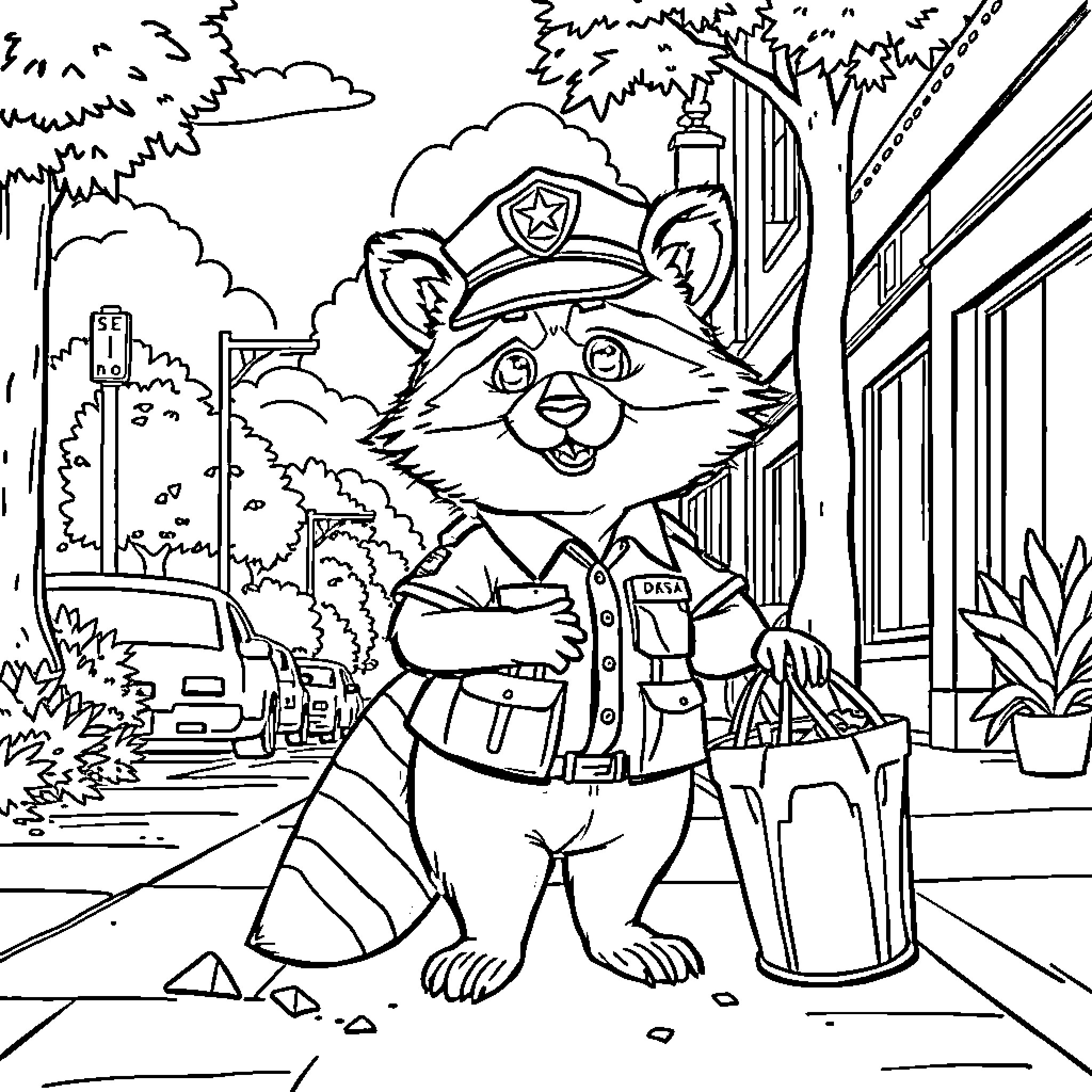 Raccoon police officer patrolling the neighborhood Coloring Page (free black-and-white line drawing printable PDF for all, from beginners to advanced learners, including children, teens, adults, and seniors)