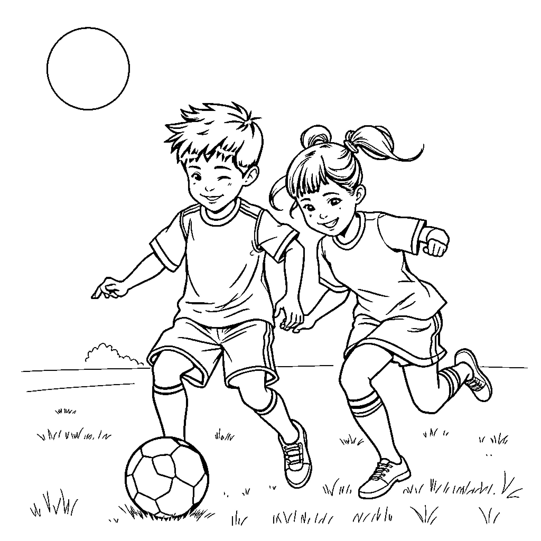 Soccer Players Playing Happily on Field Coloring Page (free black-and-white line drawing printable PDF for all, from beginners to advanced learners, including children, teens, adults, and seniors)