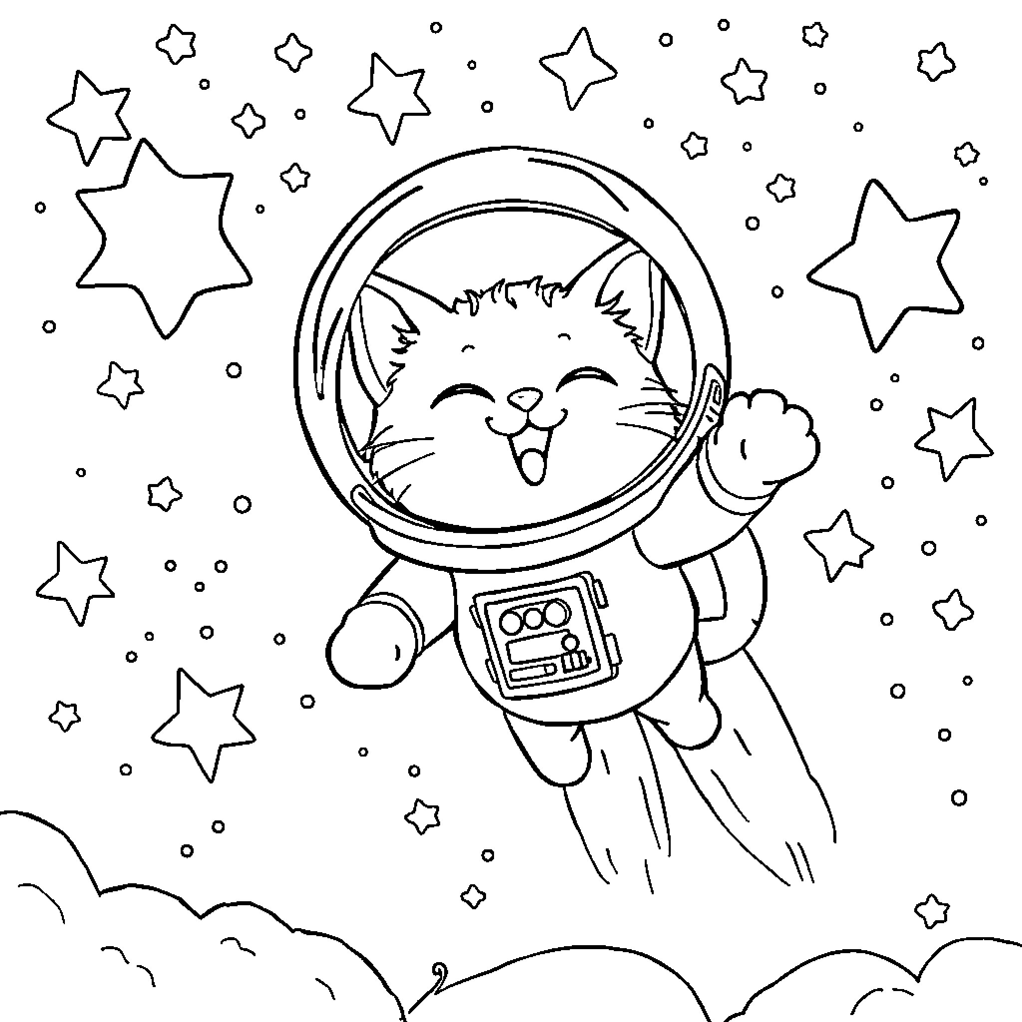 Chat with a Cosmic Kitten Coloring Page (free black-and-white line drawing printable PDF for all, from beginners to advanced learners, including children, teens, adults, and seniors)