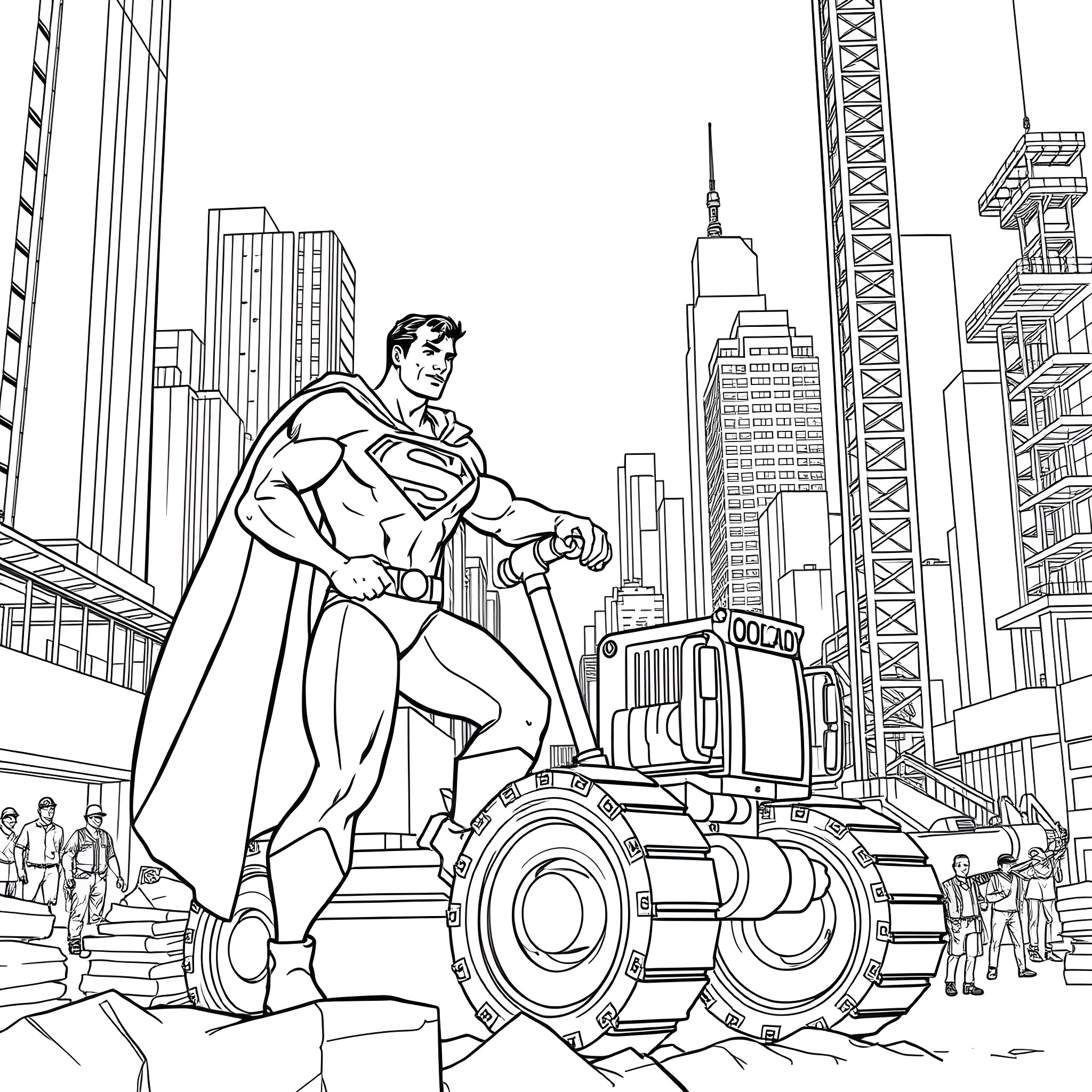 Superman heroically saving the city with his mighty powers Coloring Page (free black-and-white line drawing printable PDF for all, from beginners to advanced learners, including children, teens, adults, and seniors)