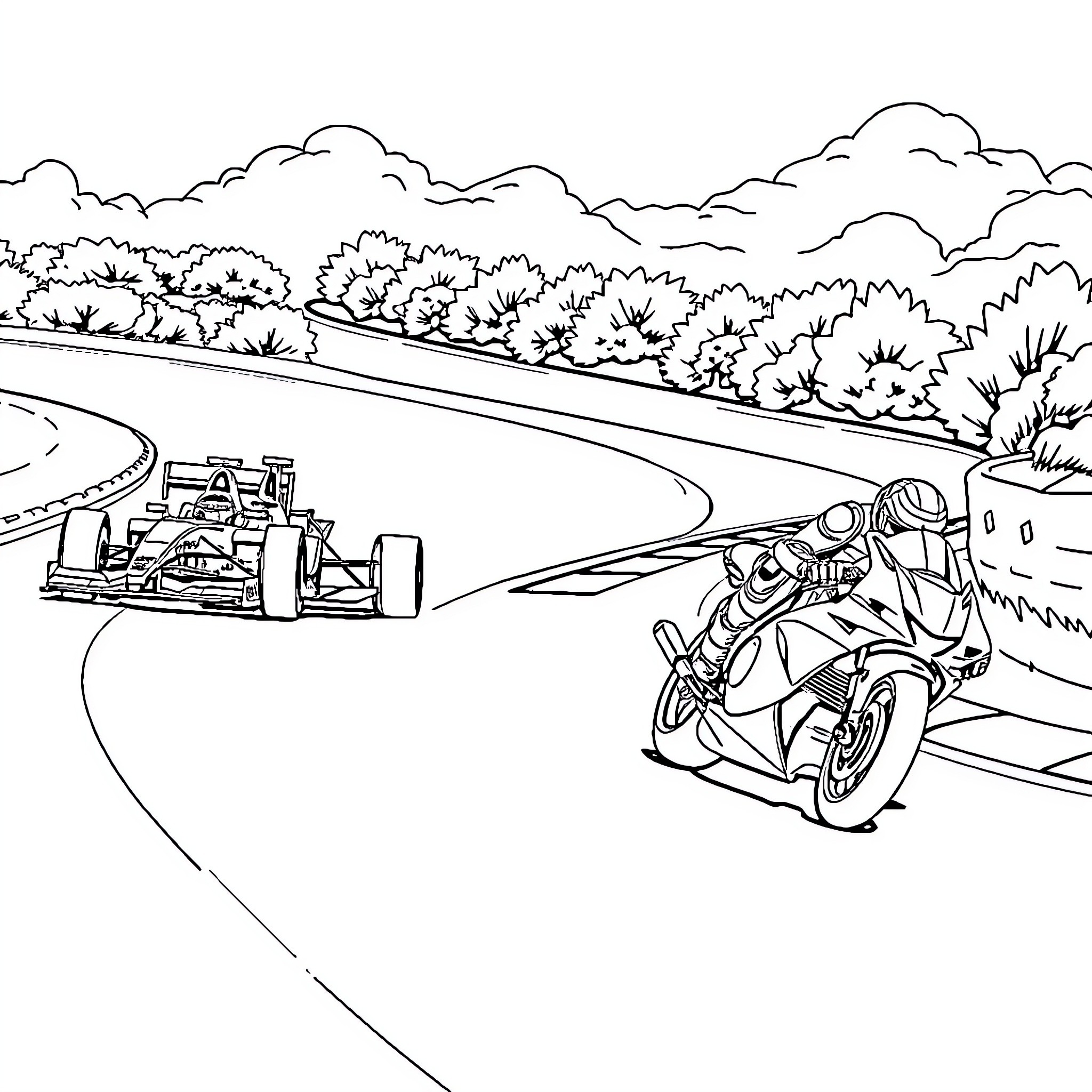 Formula 1 Racers on Curved Racetrack Coloring Page (free black-and-white line drawing printable PDF for all, from beginners to advanced learners, including children, teens, adults, and seniors)