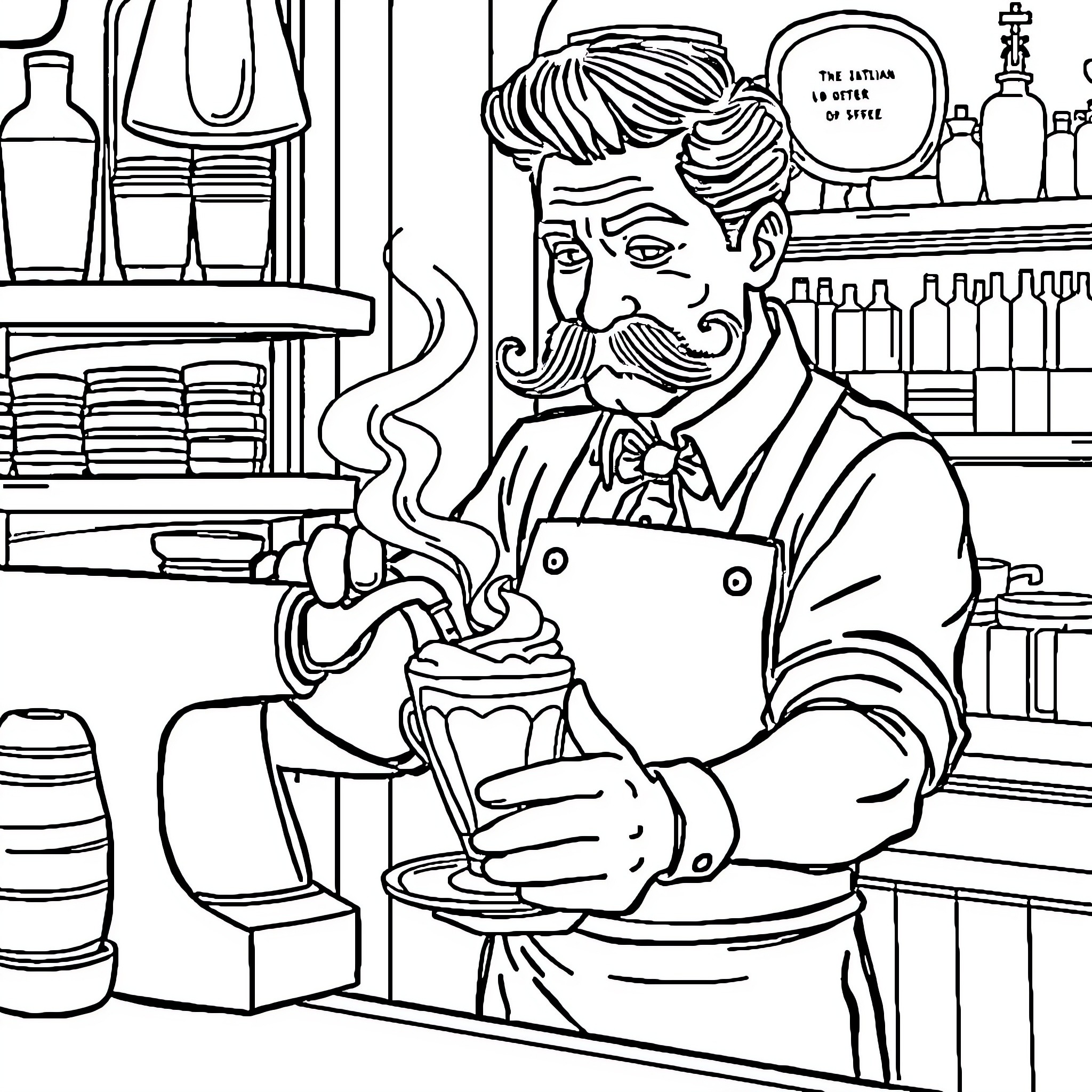 Barista at work serving coffee in a cafe Coloring Page (free black-and-white line drawing printable PDF for all, from beginners to advanced learners, including children, teens, adults, and seniors)
