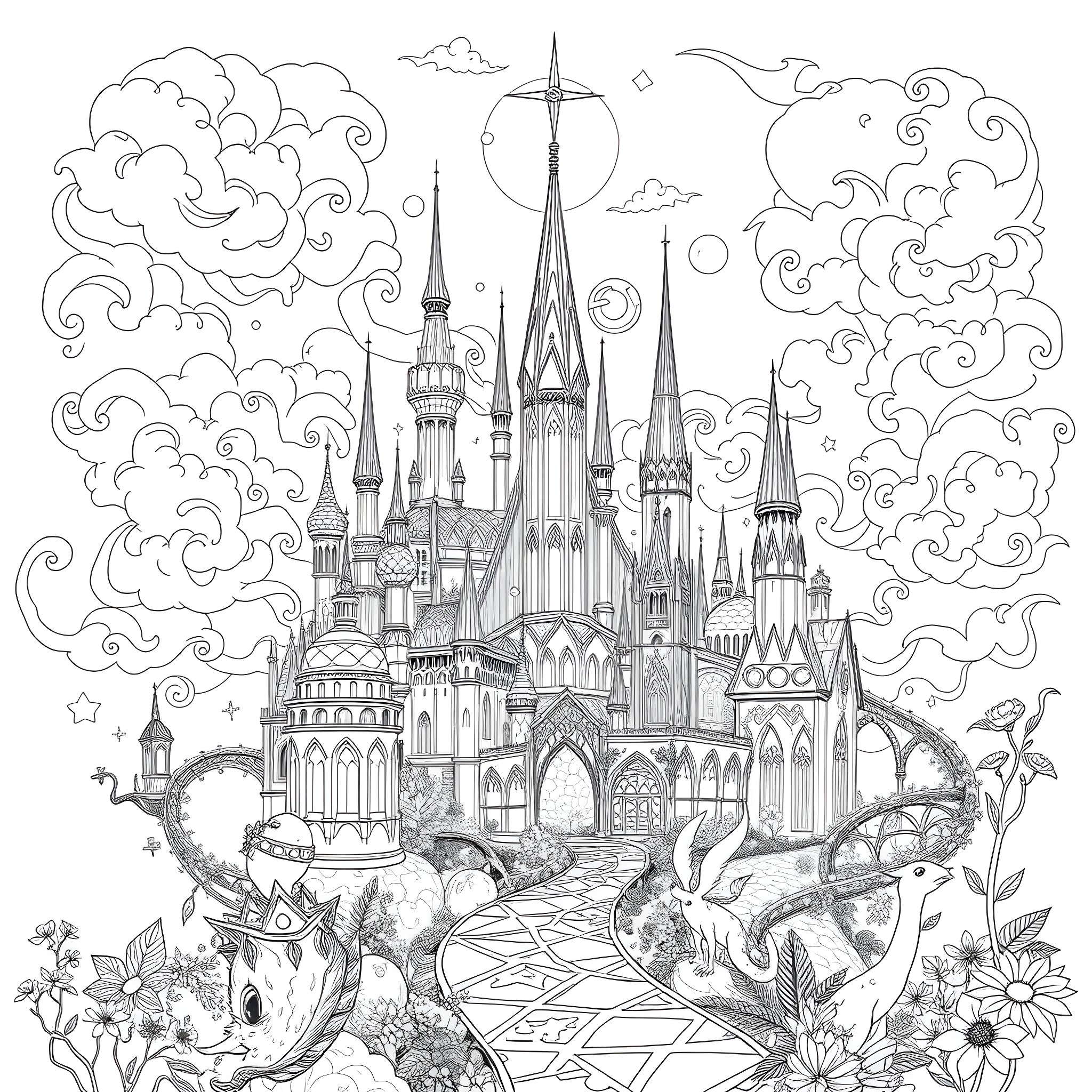 Emerald City - Enchanting Castle in the Clouds Coloring Page (free black-and-white line drawing printable PDF for all, from beginners to advanced learners, including children, teens, adults, and seniors)
