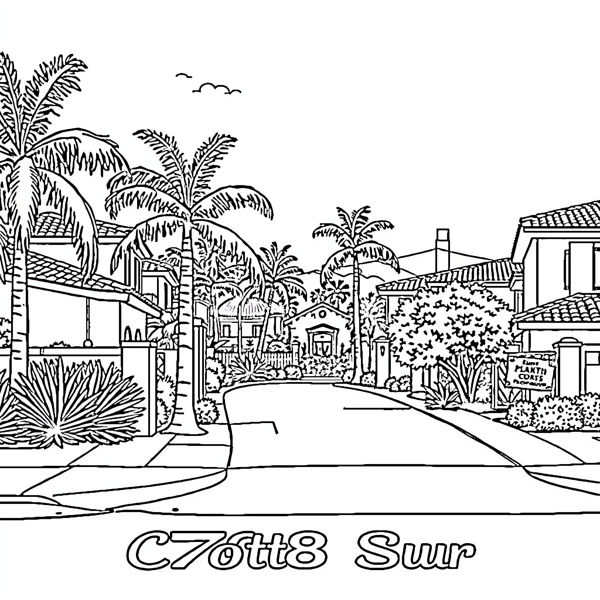 Costa del Sur street scene with palm trees and buildings Coloring Page (free black-and-white line drawing printable PDF for all, from beginners to advanced learners, including children, teens, adults, and seniors)