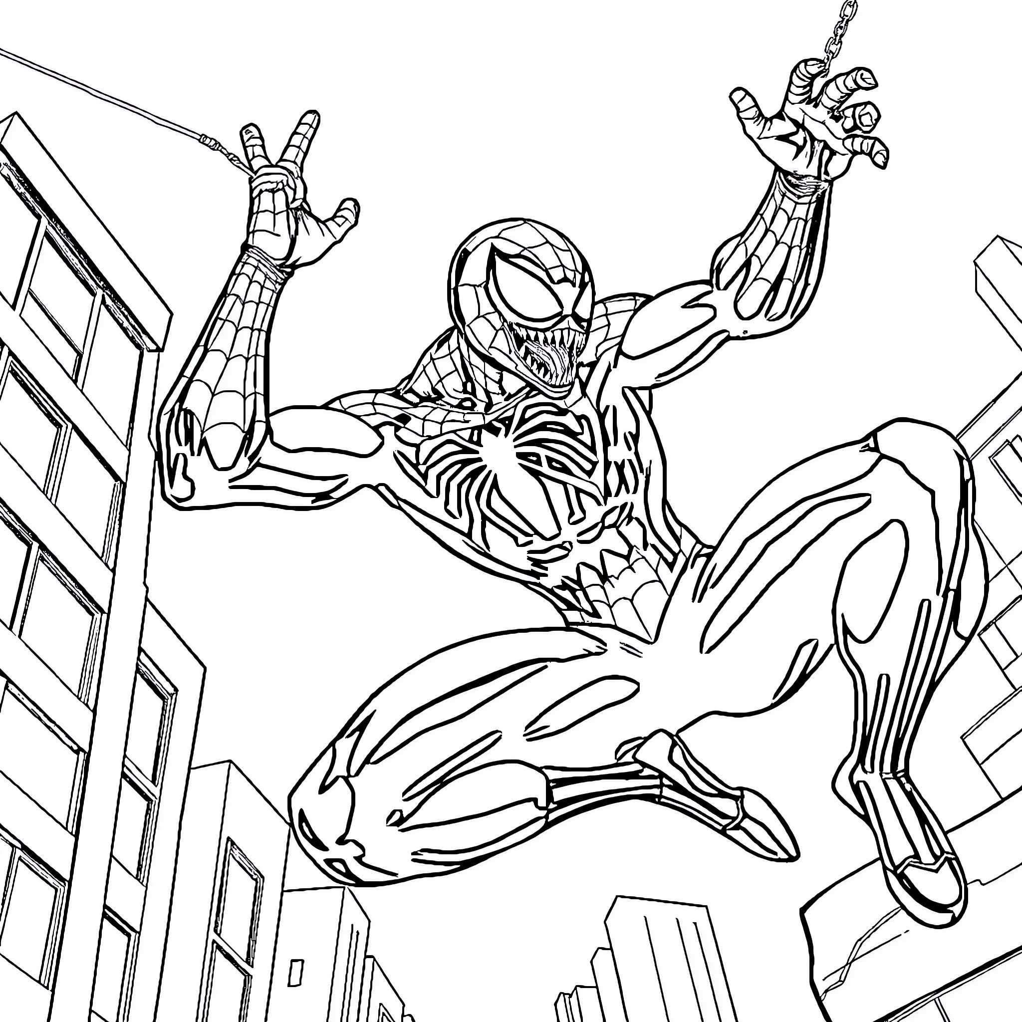 Spiderman swinging through the city with action and intensity Coloring Page (free black-and-white line drawing printable PDF for all, from beginners to advanced learners, including children, teens, adults, and seniors)
